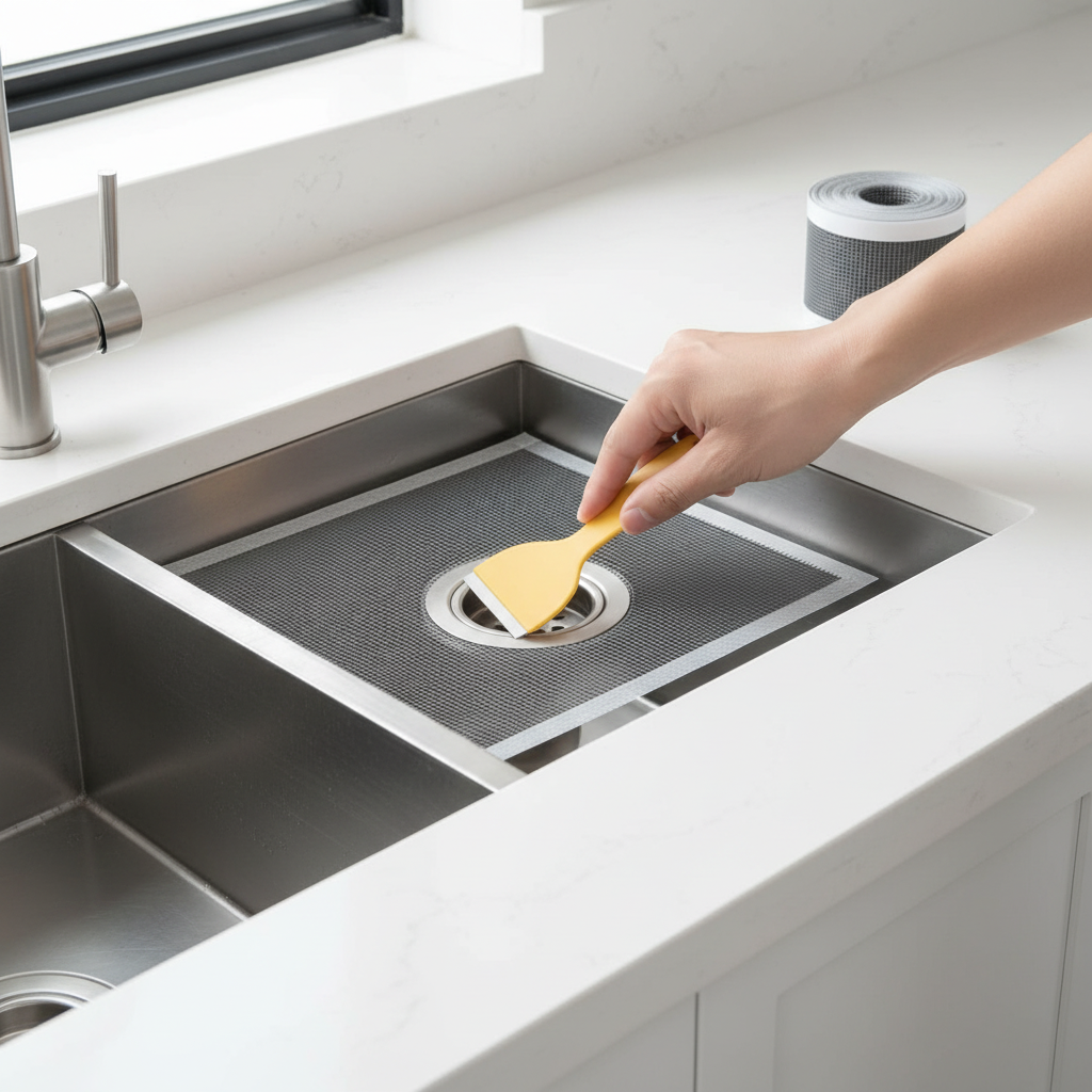 MeshGuard mesh fitted over a stainless kitchen sink drain