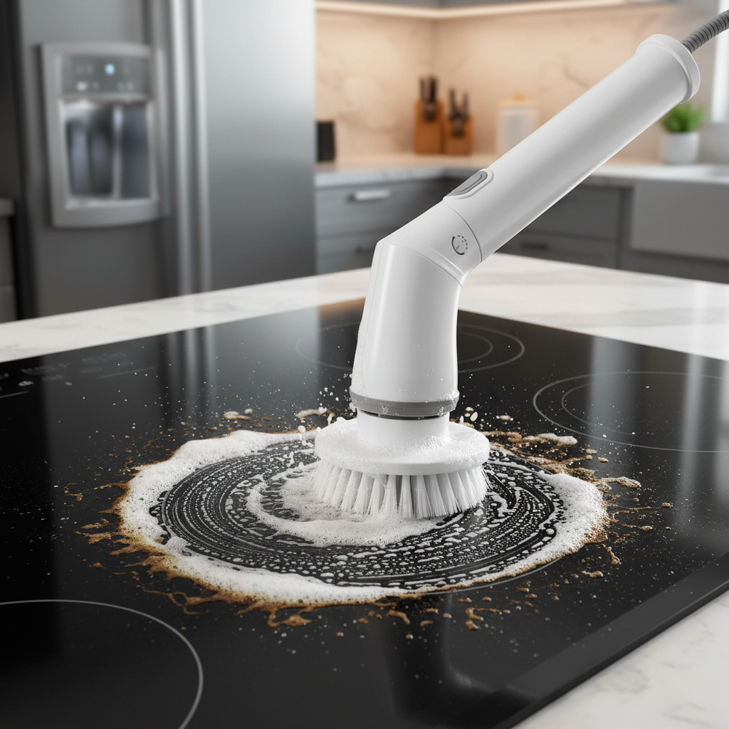 CleanReach cone brush lifting cooked-on residue from a black glass cooktop