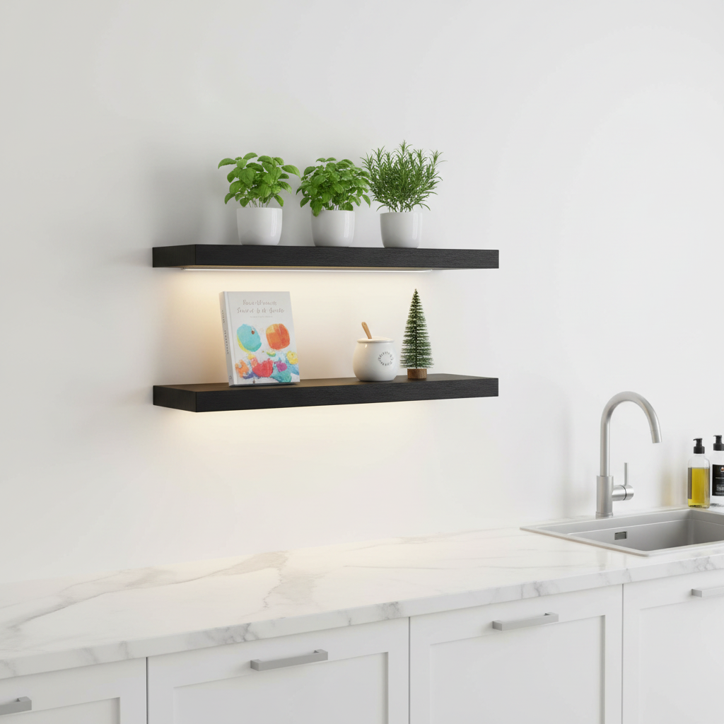 Two Halo LED shelves above a kitchen counter holding potted herbs, lit from underneath