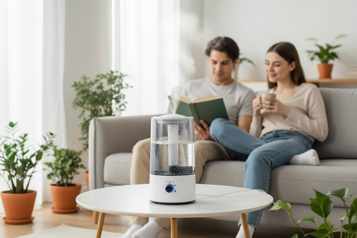 HushMist humidifier misting on a living-room side table