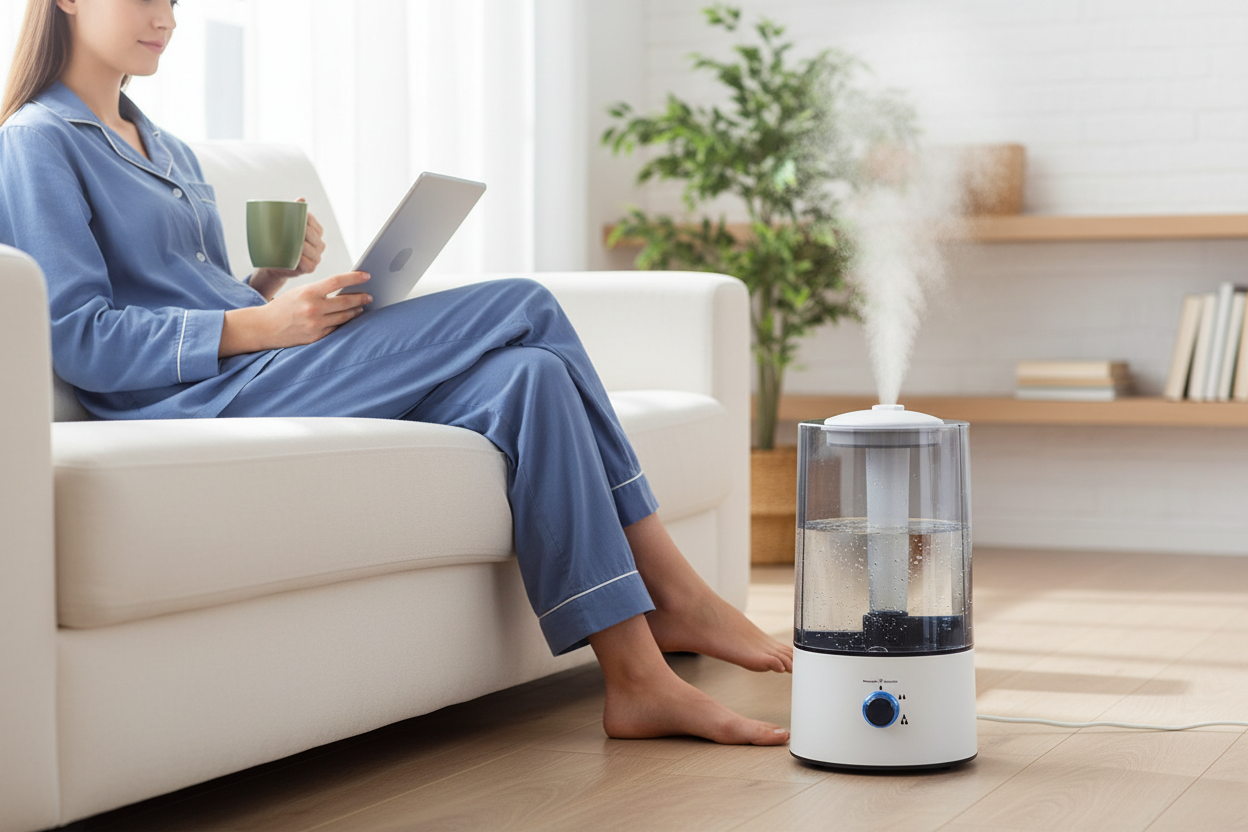 HushMist humidifier on the floor beside a lounge chair