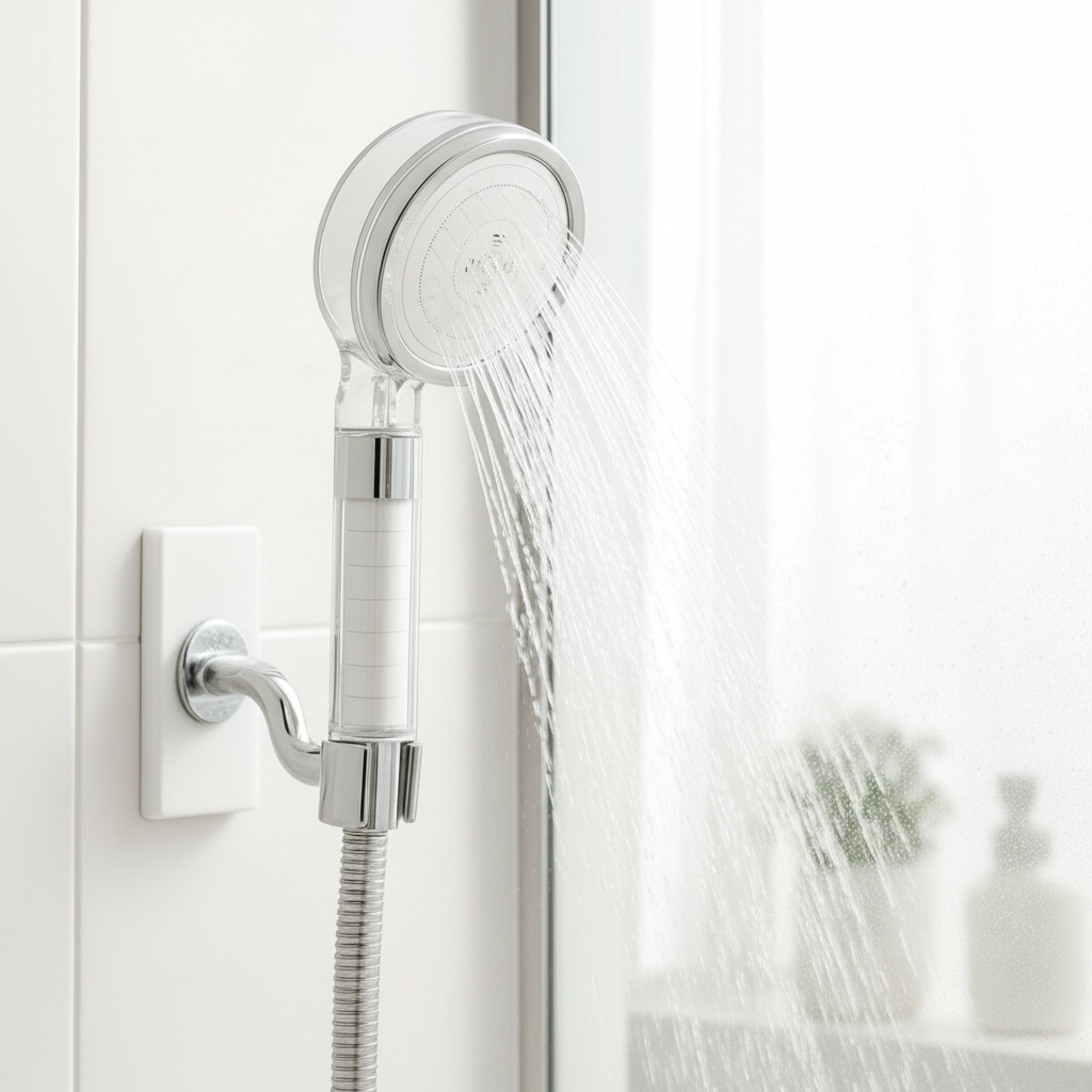 PureRain filtered showerhead seen from below, spray face angled toward the camera