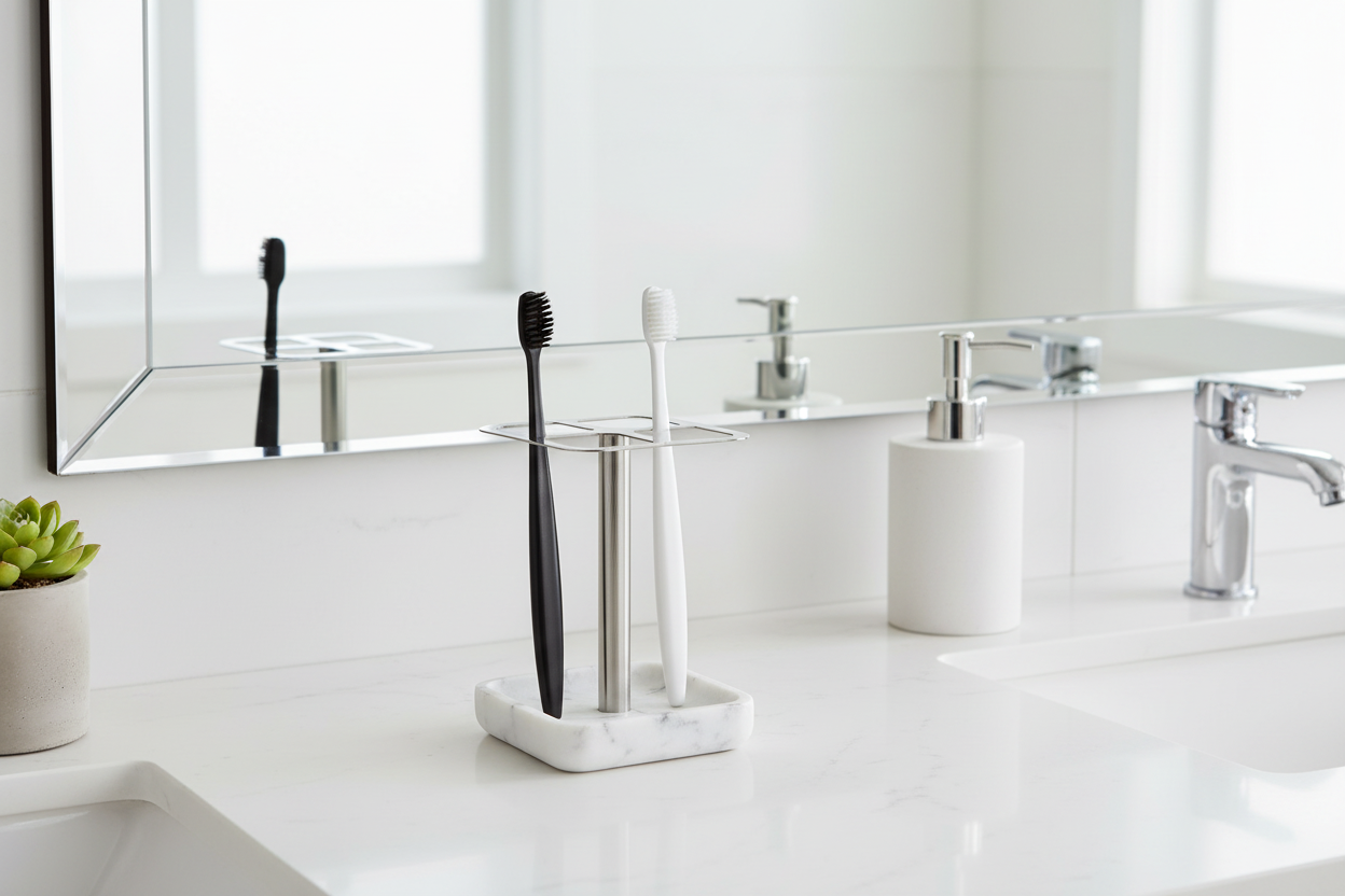 Lustre toothbrush holder on a bathroom counter
