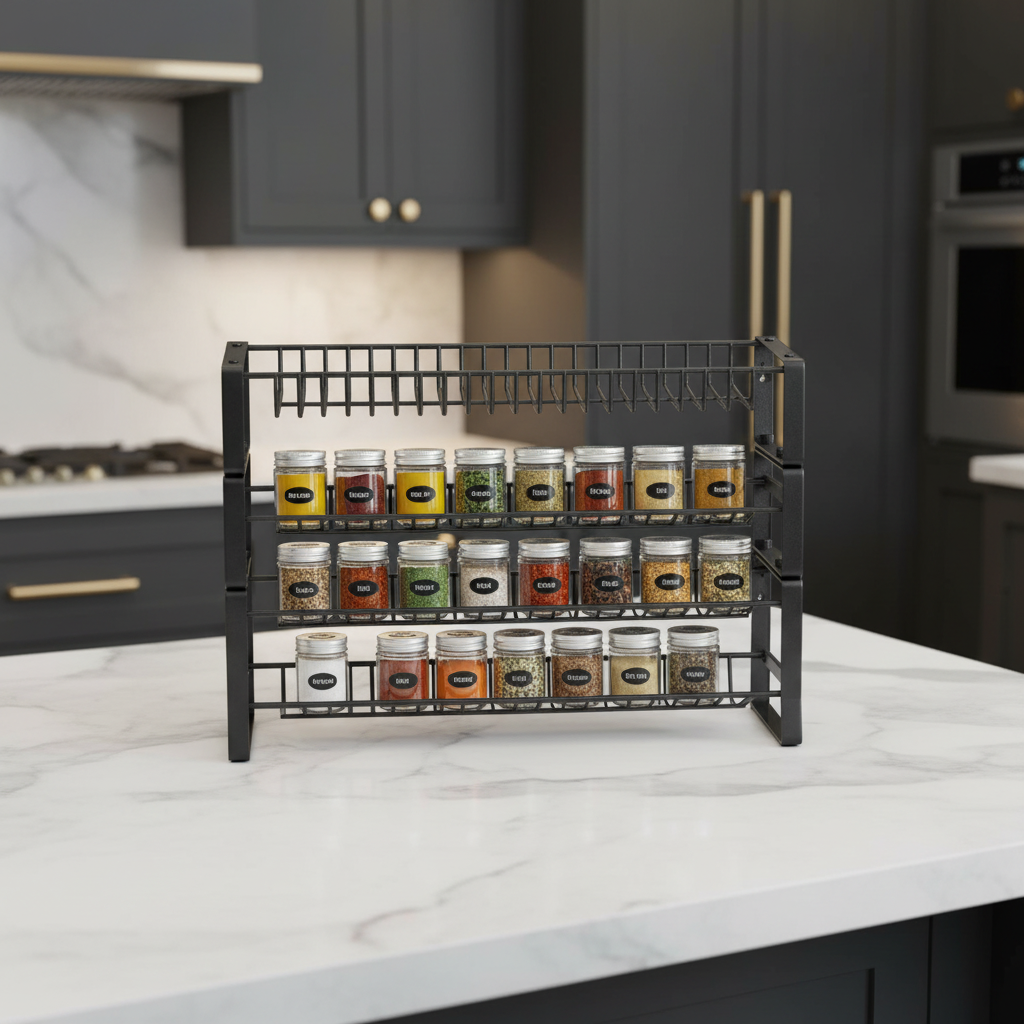 Savor spice rack of labelled jars on a marble kitchen island