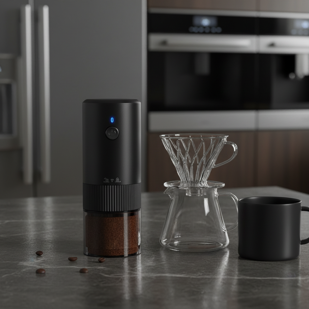 BeanMill coffee grinder on a marble counter in a modern kitchen