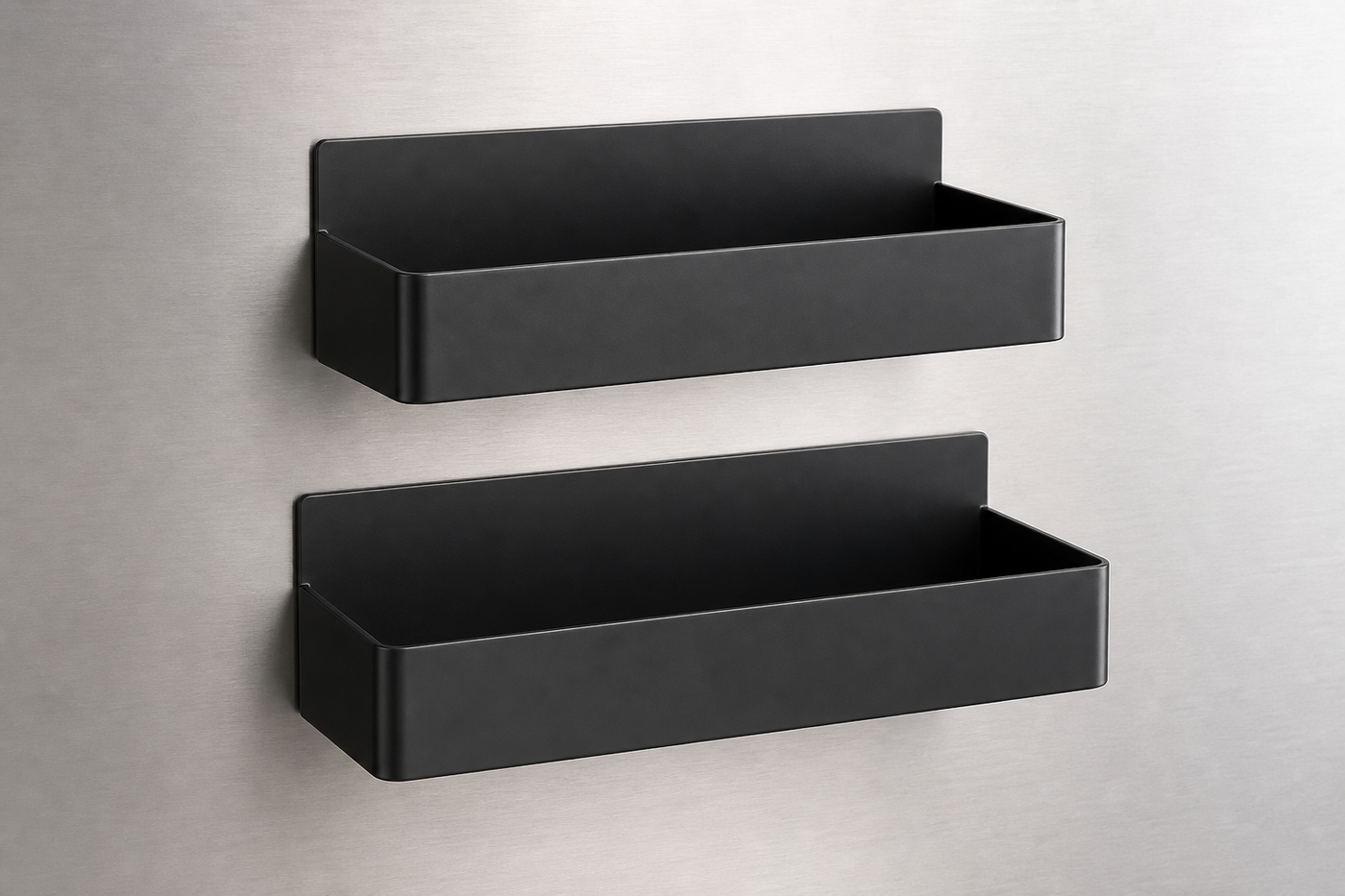 MagnaTier black magnetic shelf pair shown empty on brushed steel
