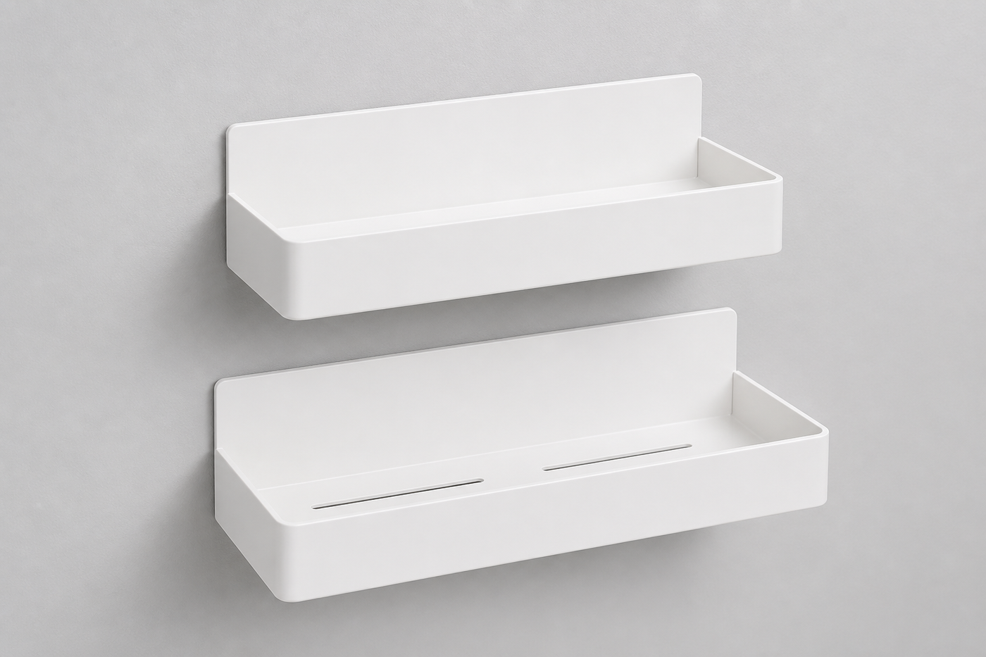 MagnaTier white magnetic shelf pair with drainage slots in the larger shelf