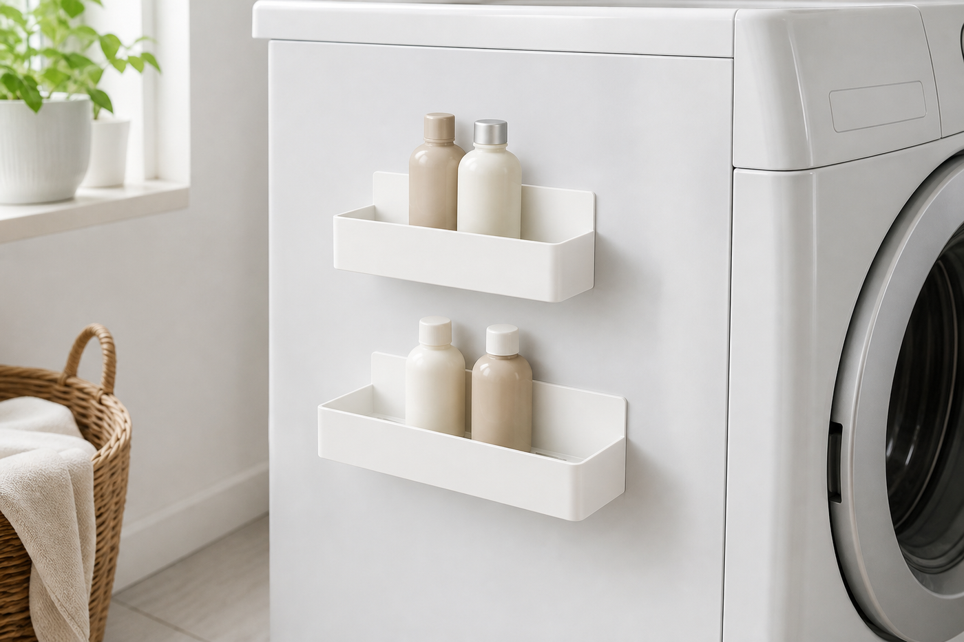 MagnaTier white two-piece magnetic shelf set on a laundry appliance