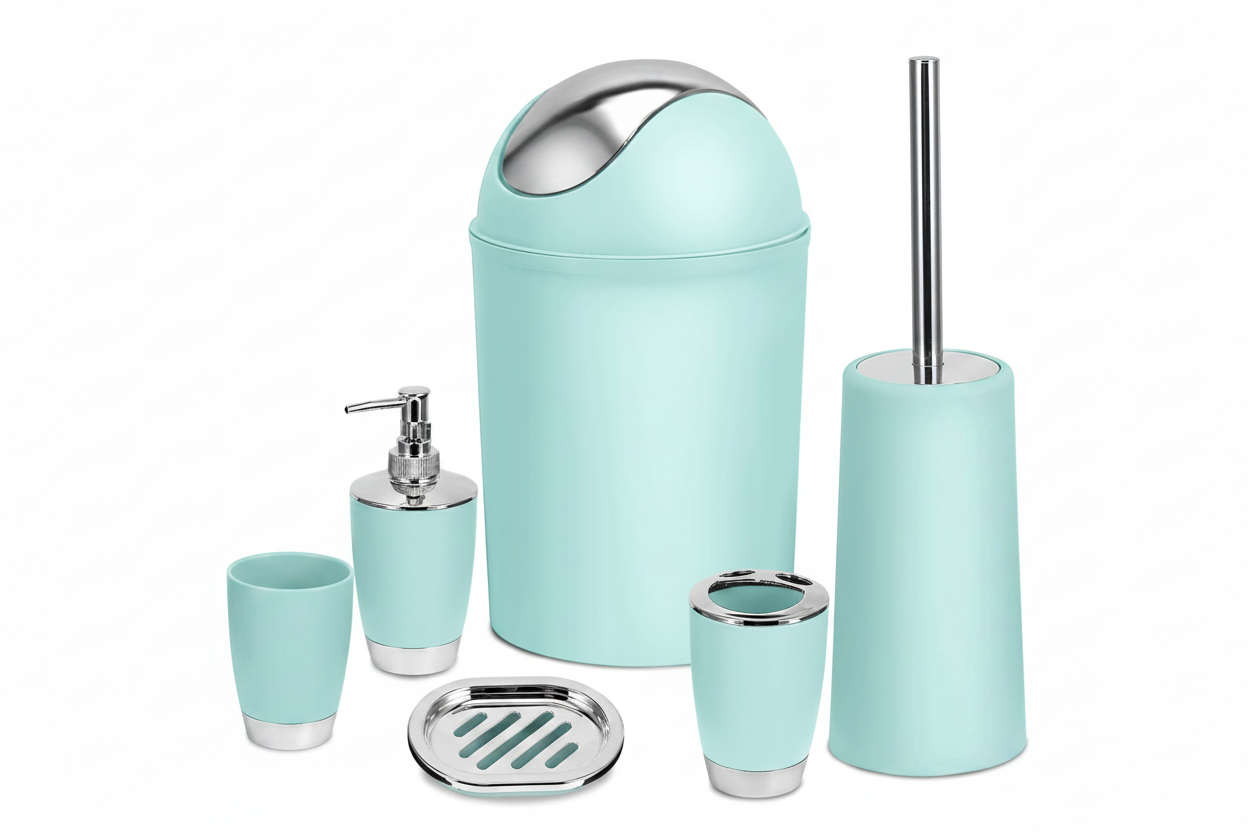 Suite six-piece bathroom set in aqua — waste bin, toilet brush, soap dispenser, tumbler, toothbrush holder and soap dish