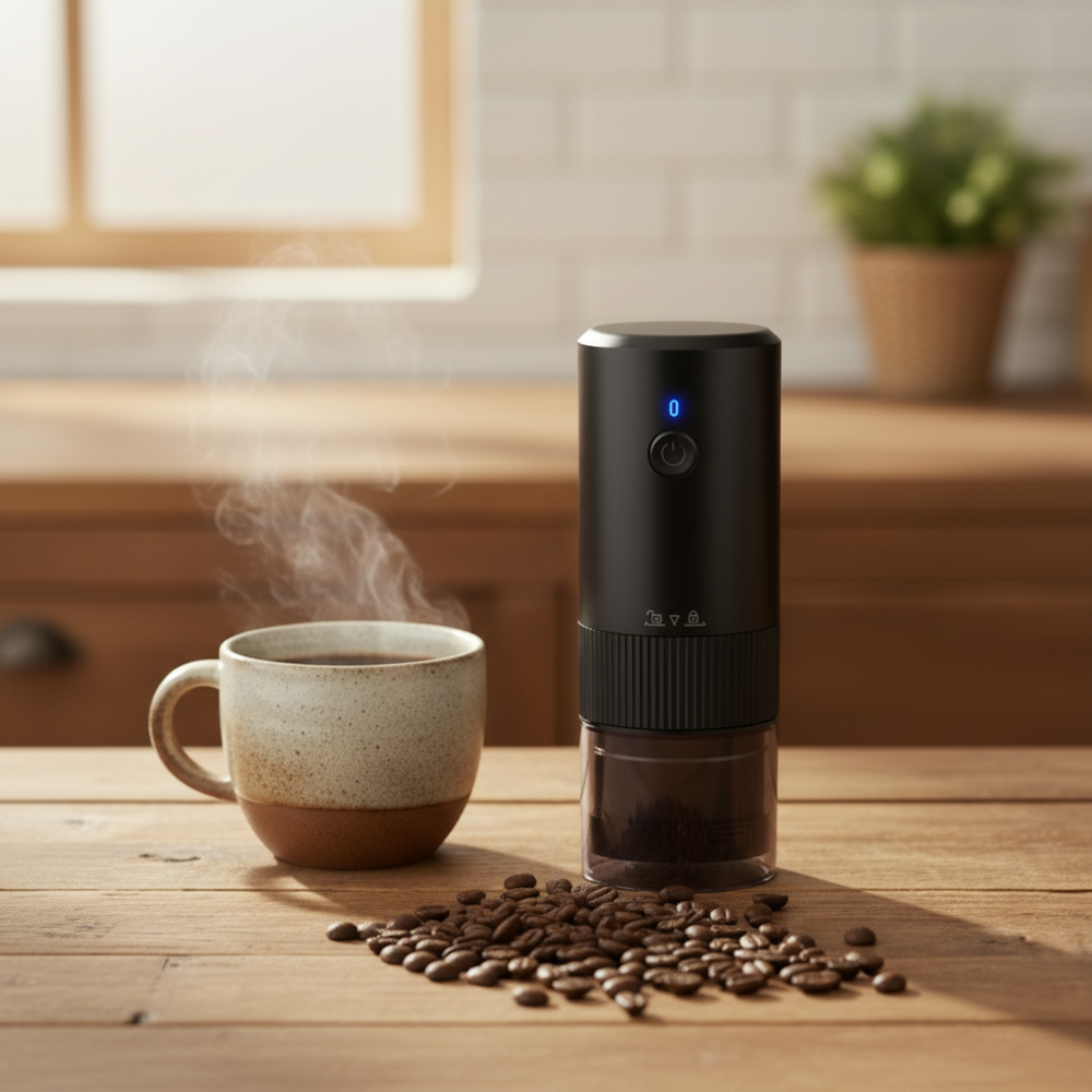 BeanMill hand coffee grinder on a kitchen counter in morning light