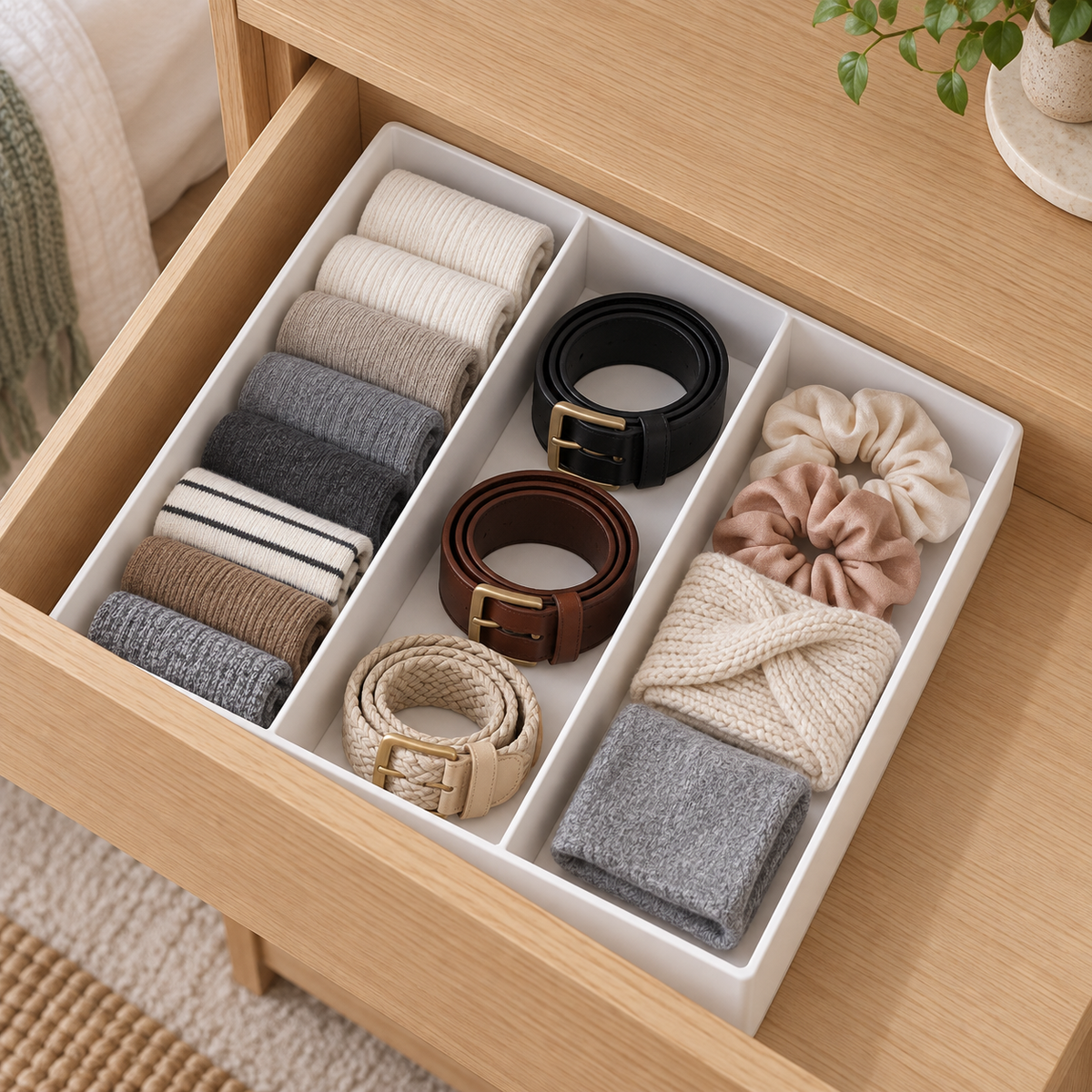 Neatline three-section organizer separating socks, belts, and soft accessories in a dresser drawer