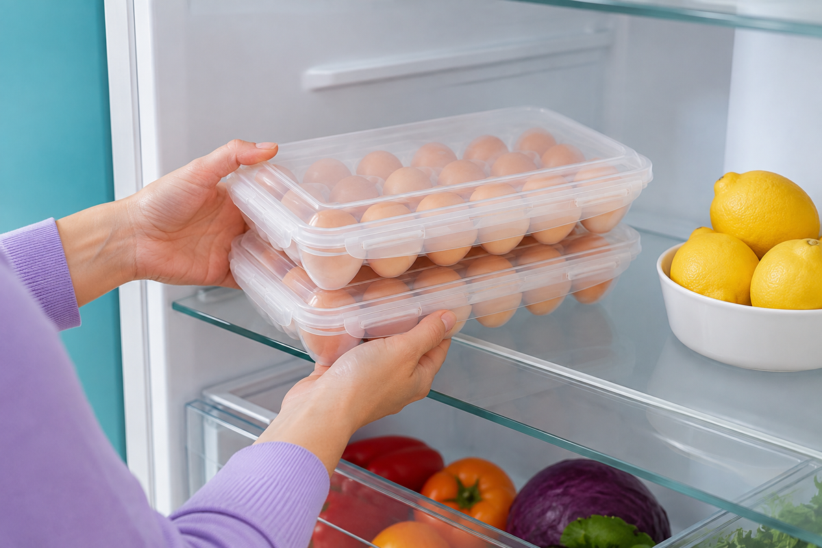 Placing two stacked NestLine containers on a fridge shelf