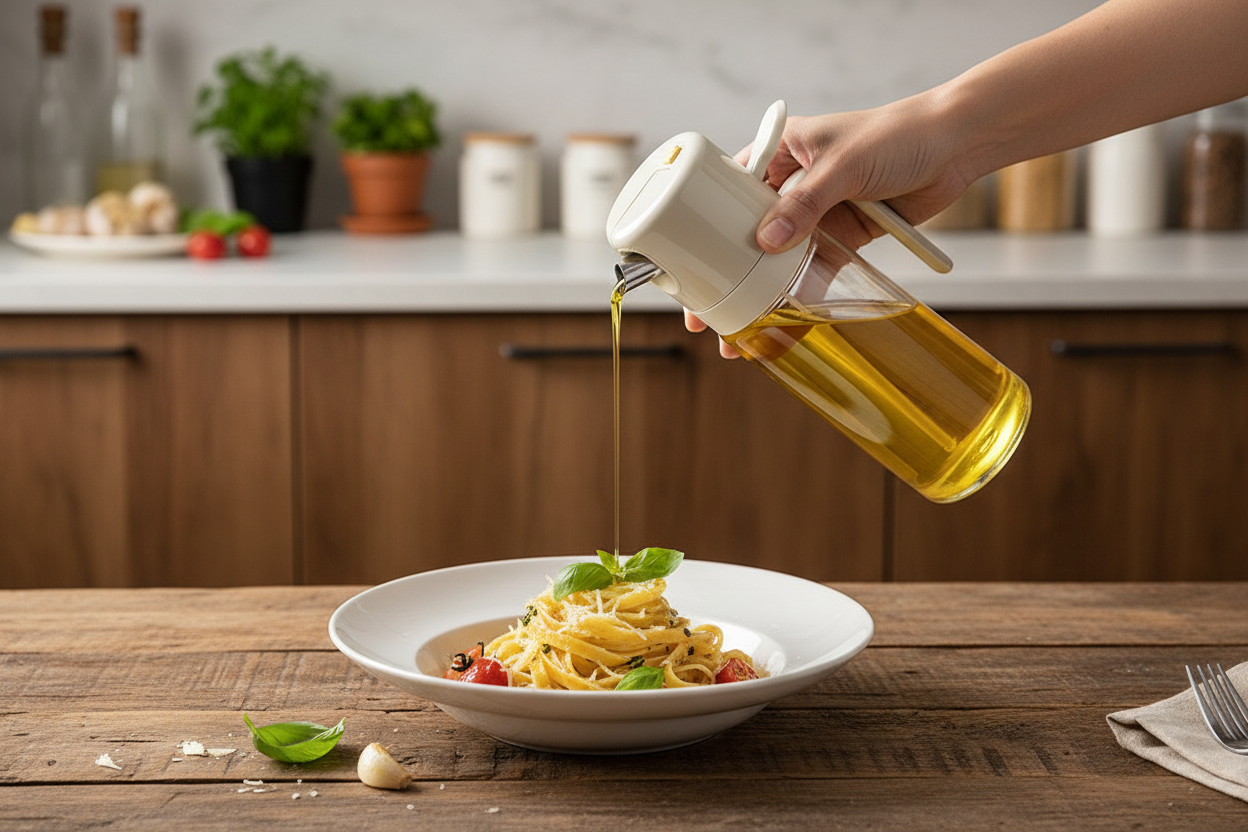 Oil sprayer over pasta