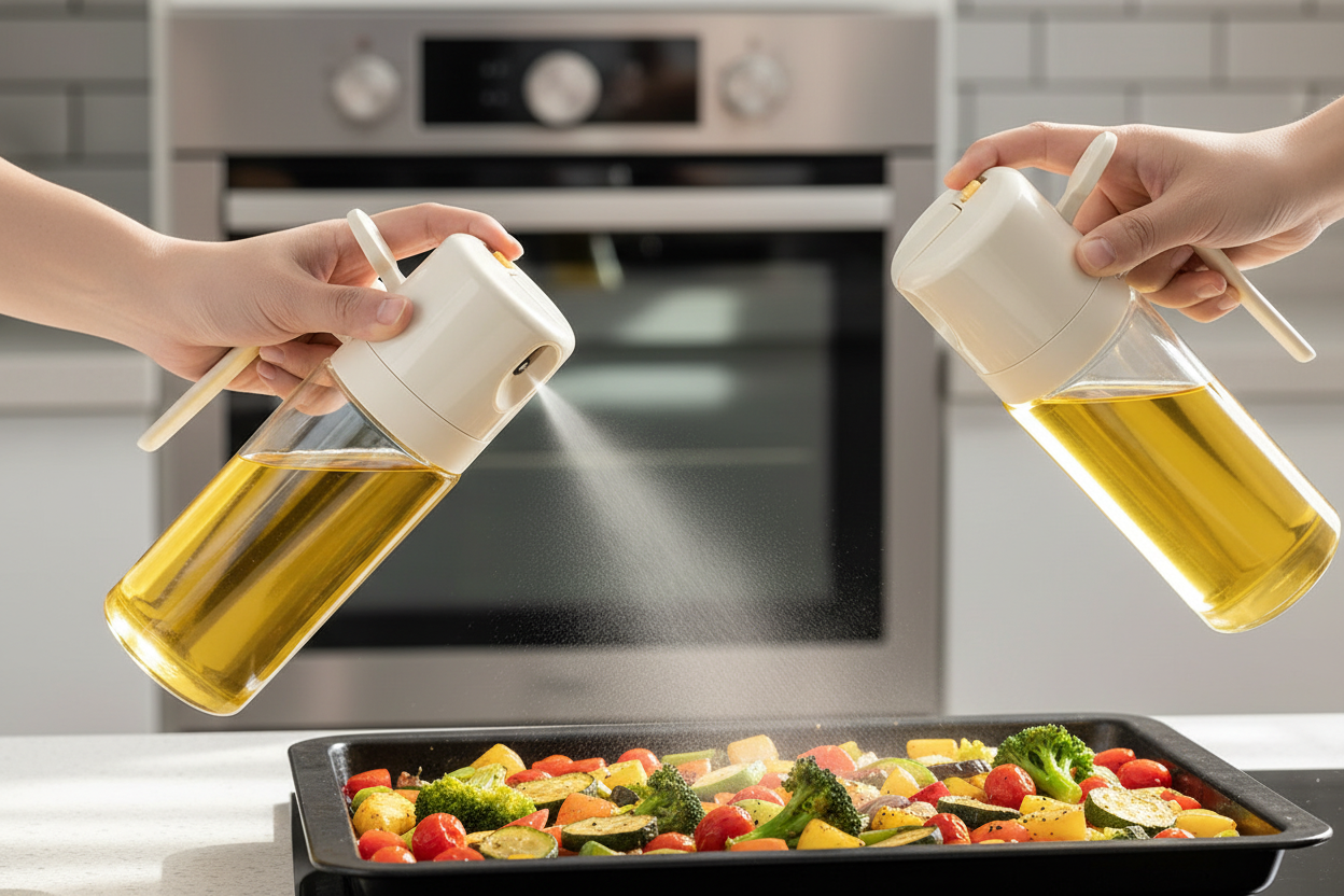 Oil sprayer over roasted vegetables