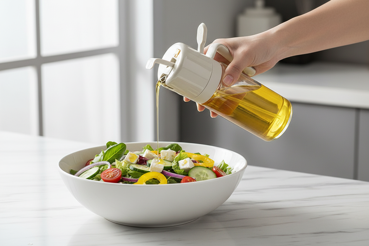 Oil sprayer over salad