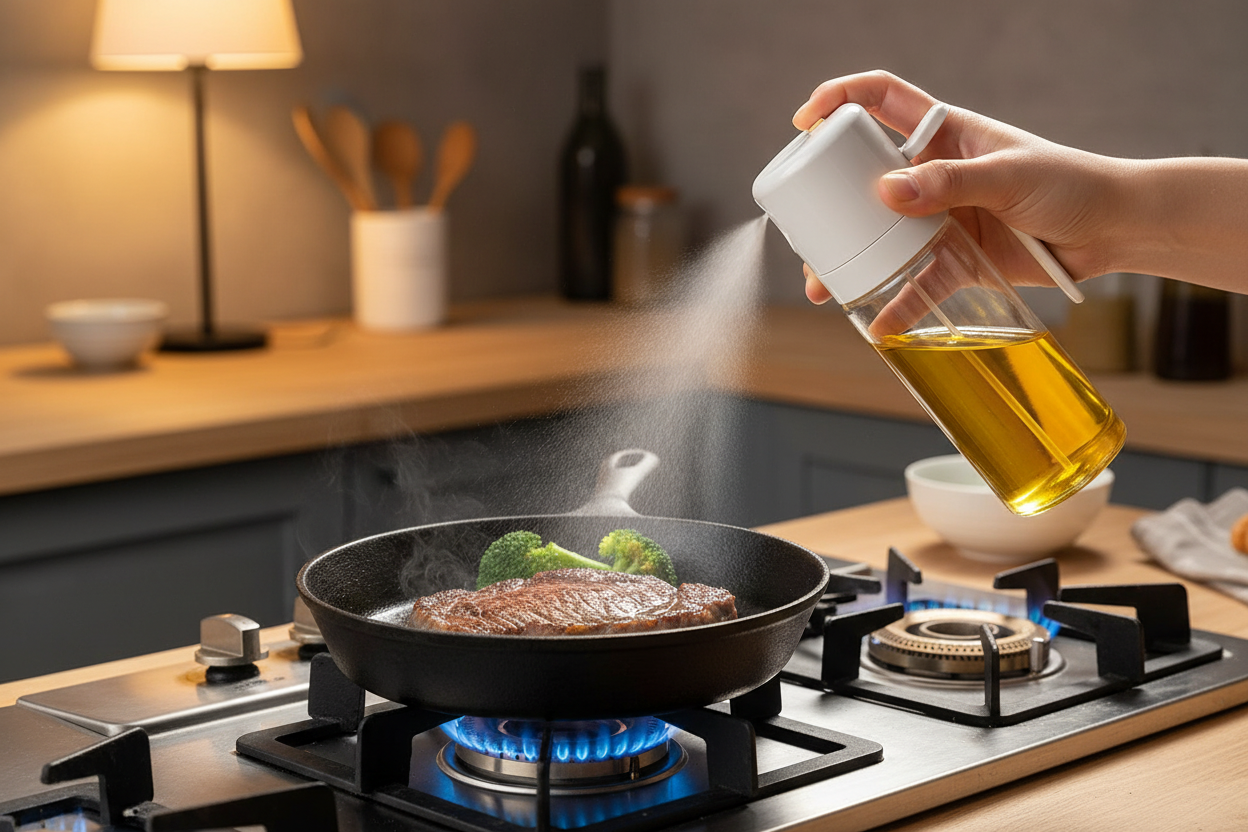 Oil sprayer over steak