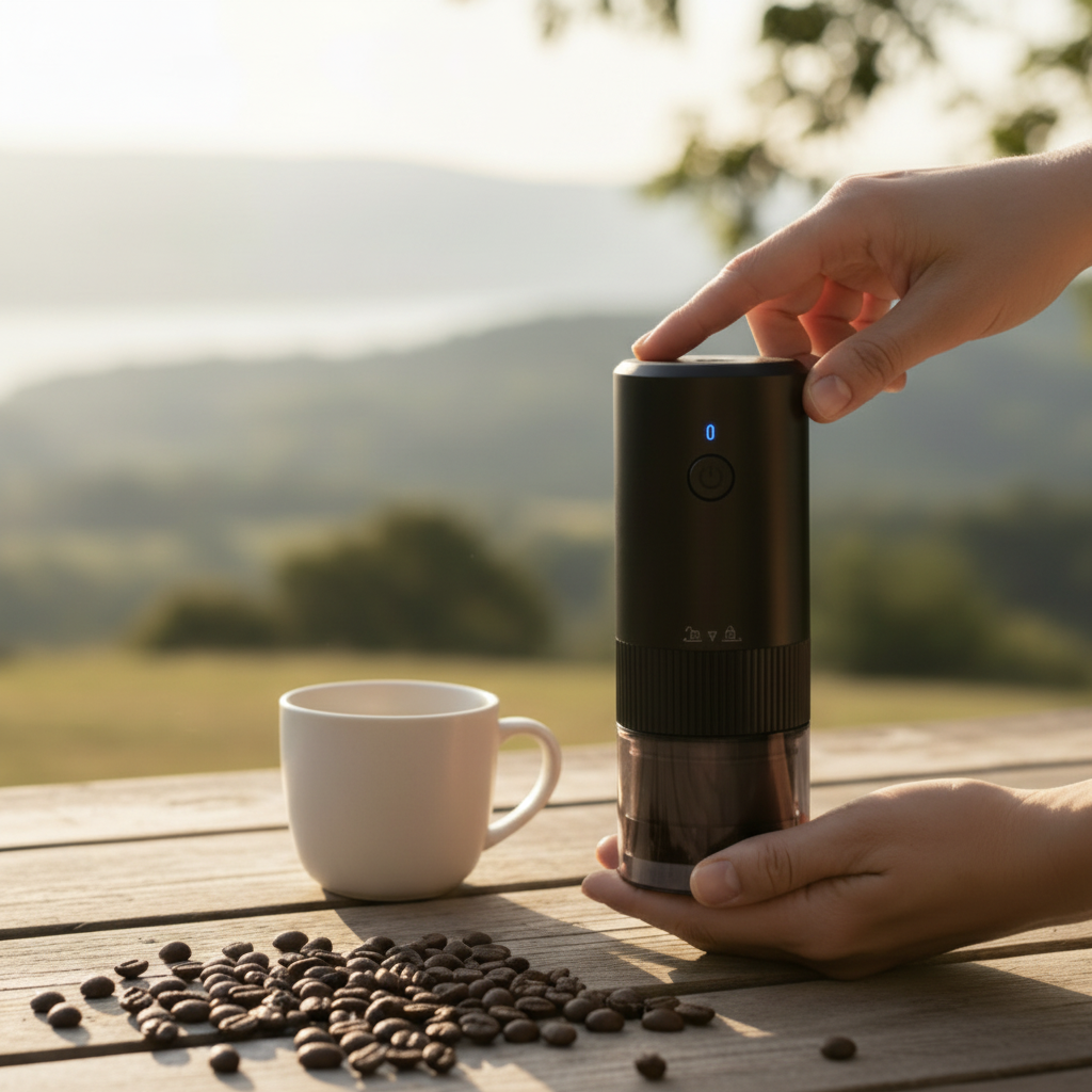 BeanMill coffee grinder on a rock outdoors beside a camp mug