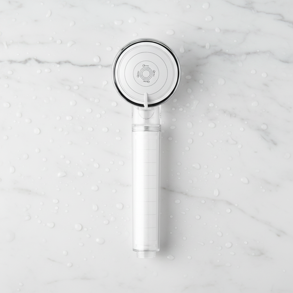 PureRain showerhead laid flat with its hose and filter beads visible