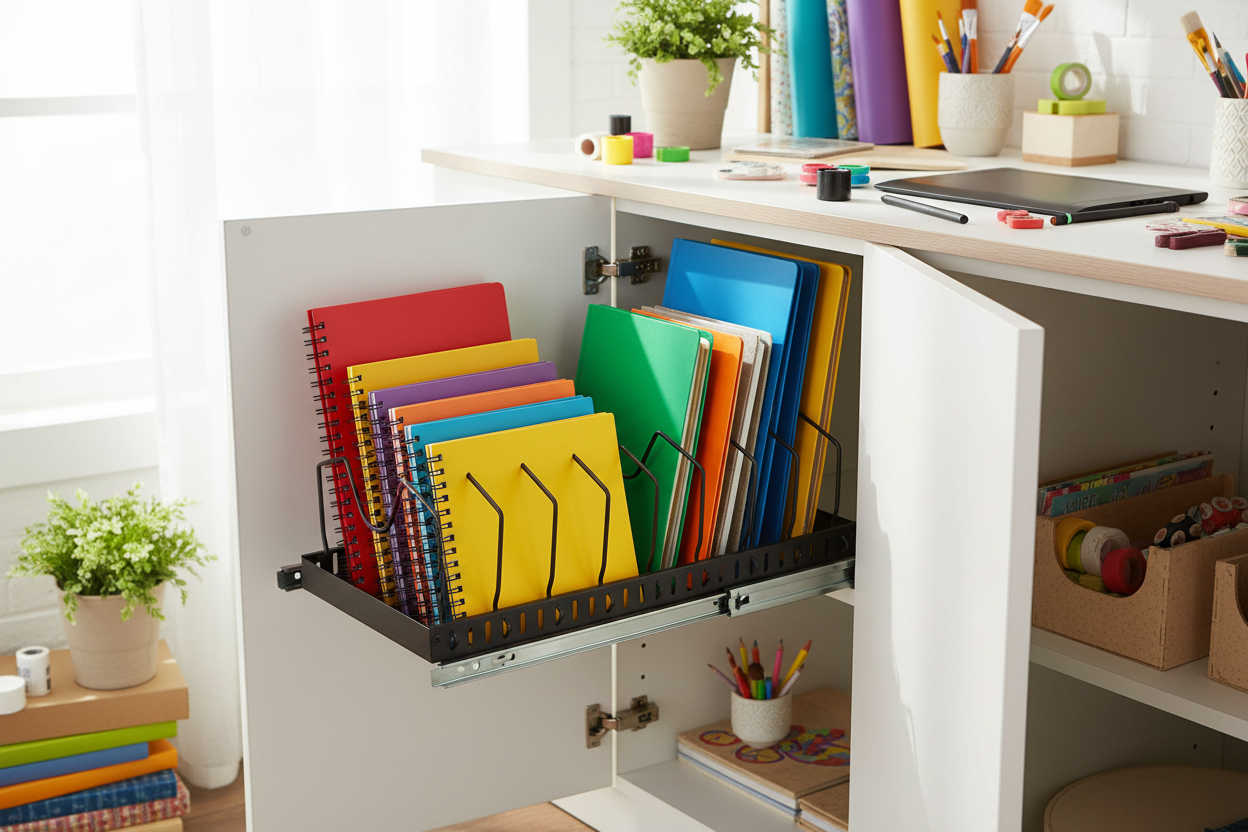 GlideRack in a home-office cabinet, holding notebooks and folders upright