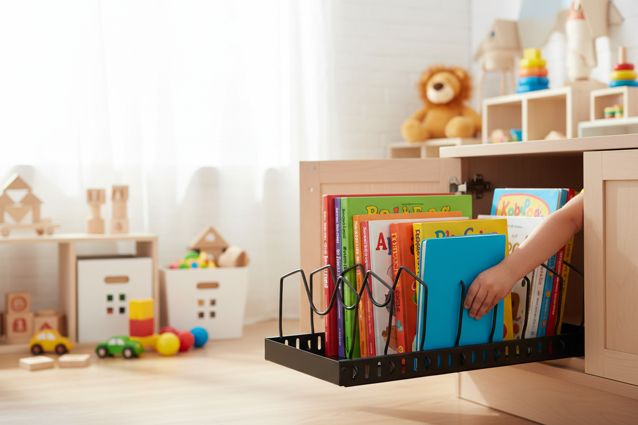 Child pulling a GlideRack of picture books out from a playroom cabinet