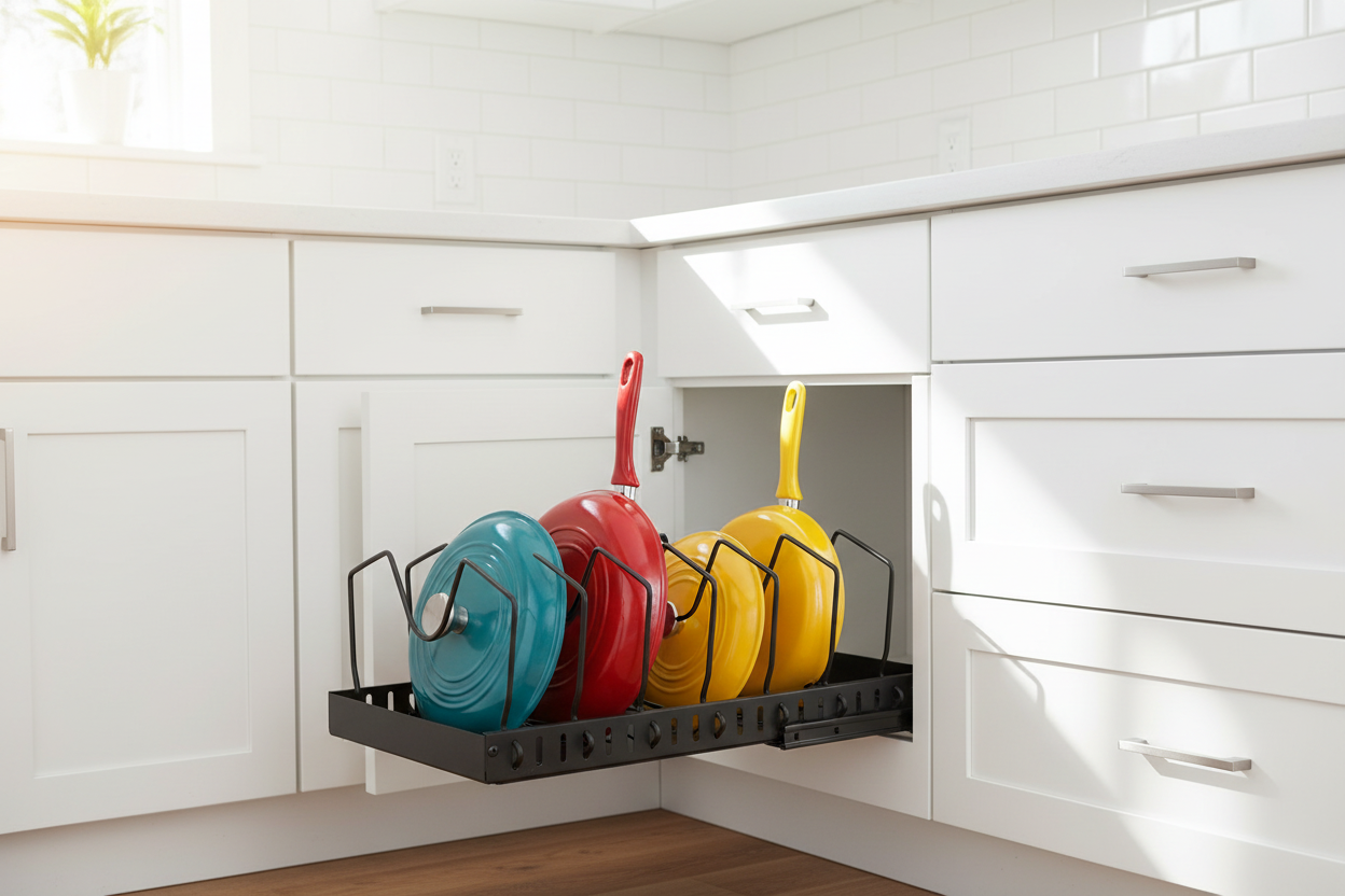 GlideRack pulled out from a corner kitchen cabinet, holding coloured pans upright