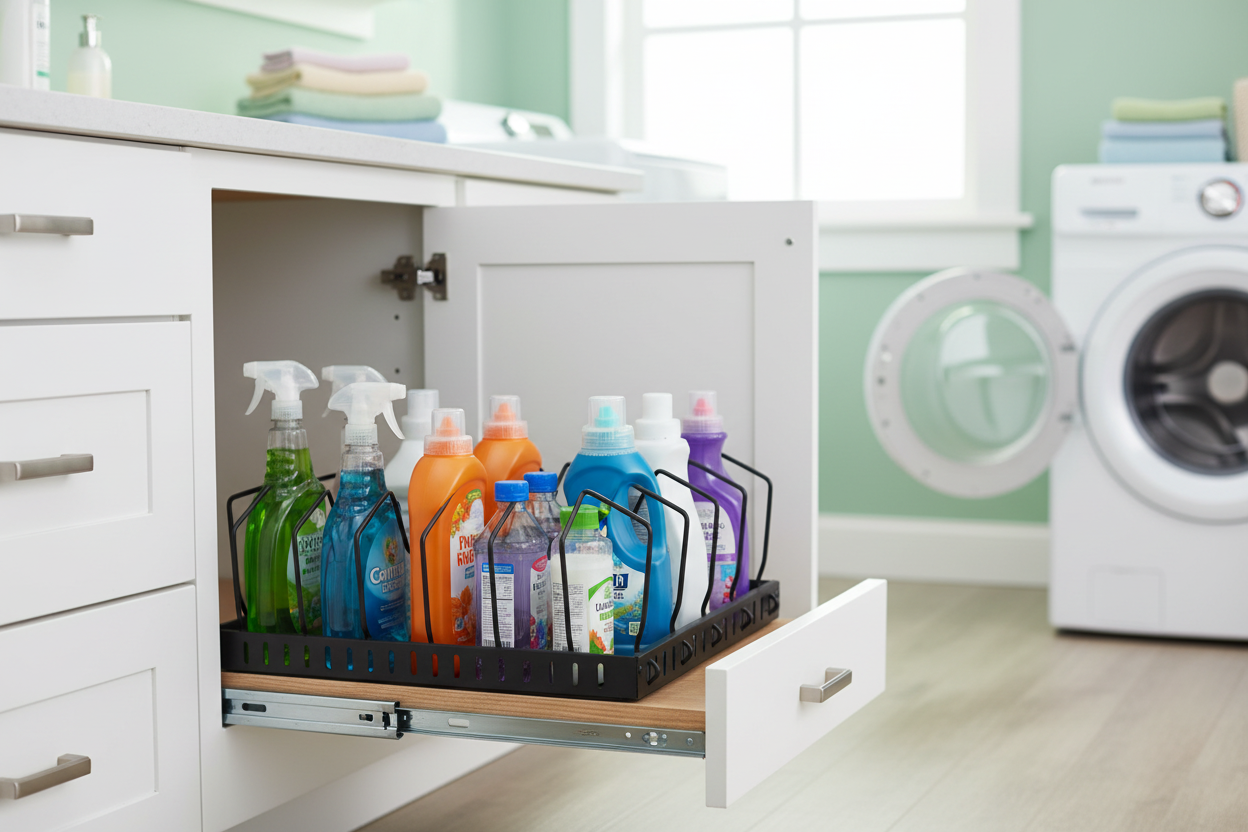 GlideRack pulled out from an under-sink cabinet, holding cleaning bottles
