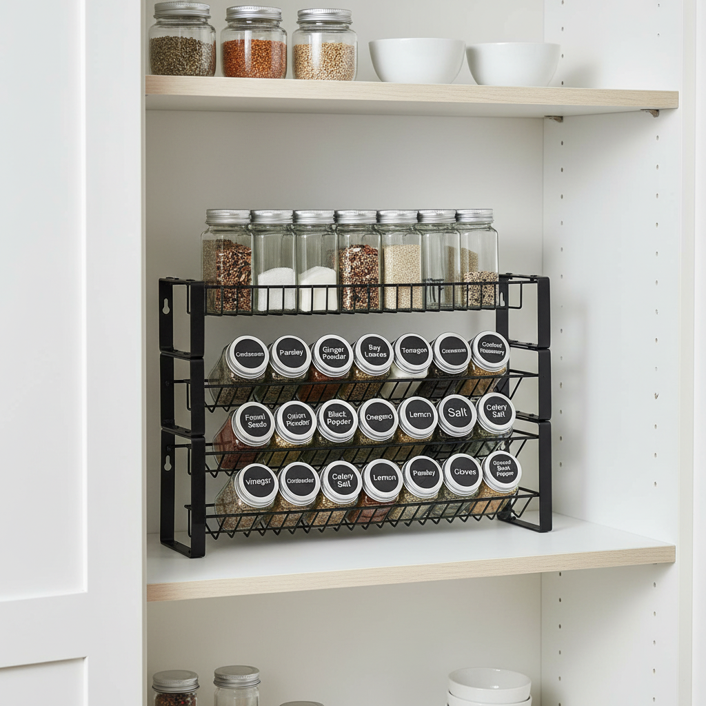 Savor spice rack of labelled spice jars inside a pantry cabinet