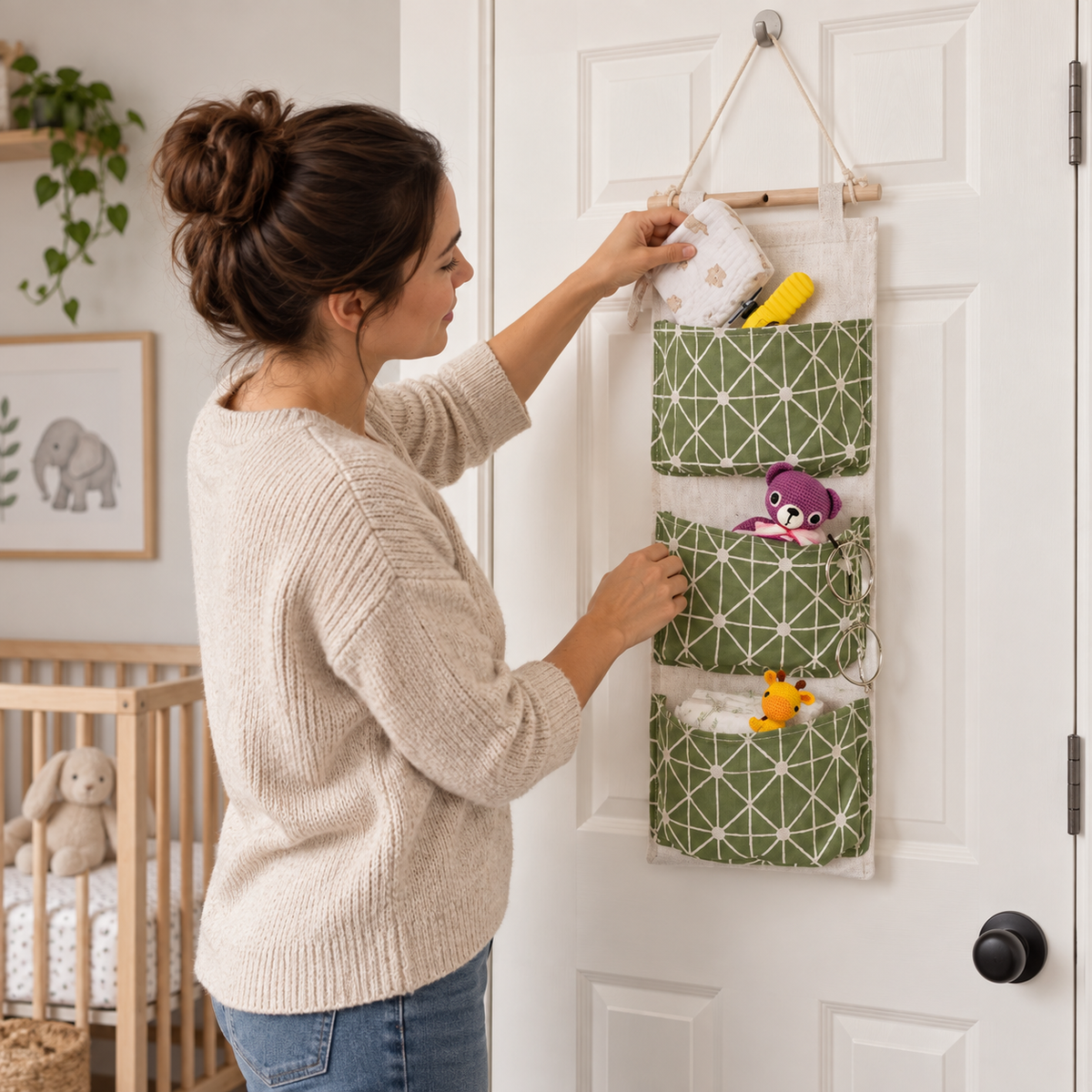 PocketHaven three-pocket hanging organizer in realistic household use