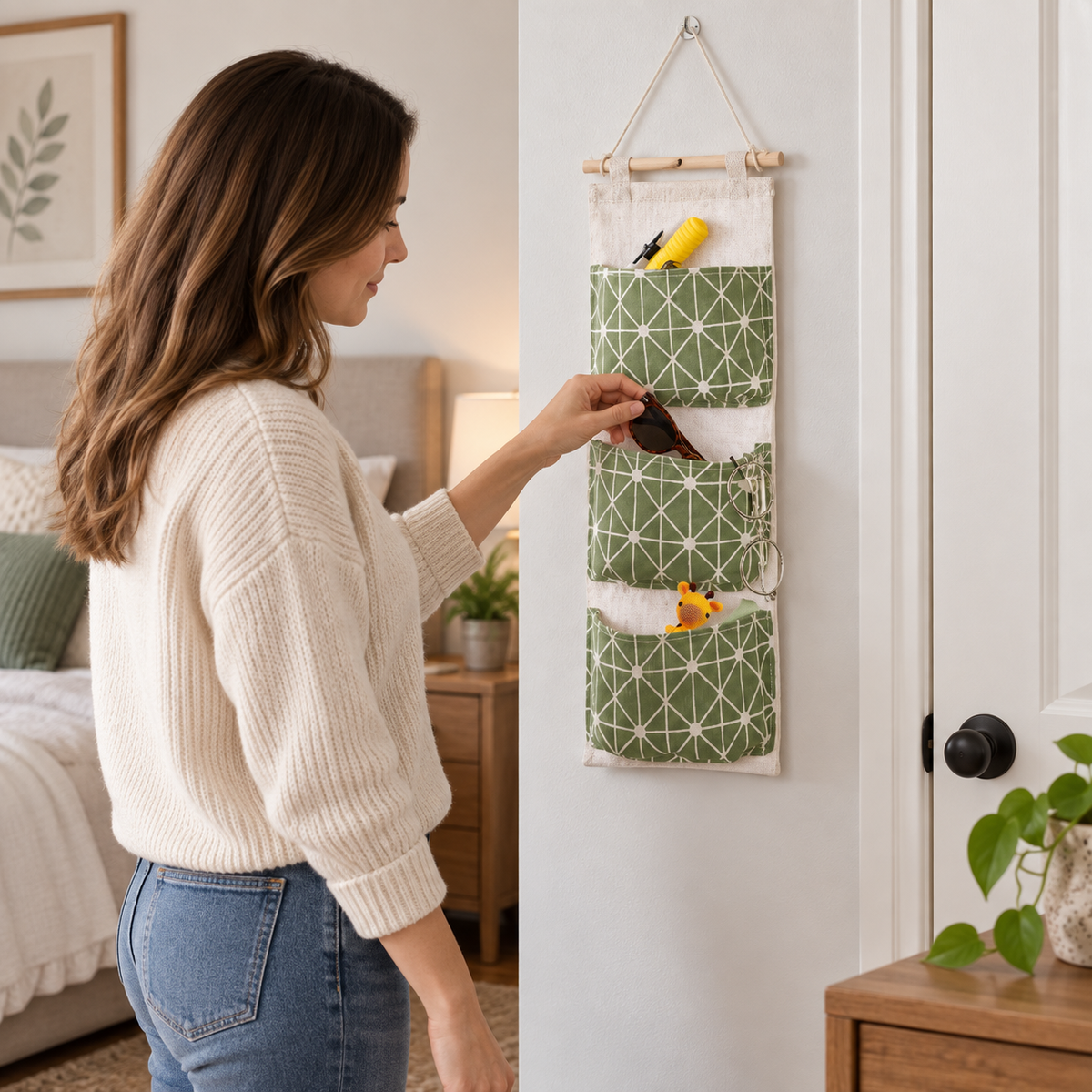 PocketHaven three-pocket hanging organizer in realistic household use
