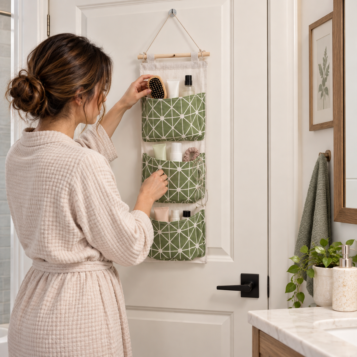 PocketHaven three-pocket hanging organizer in realistic household use