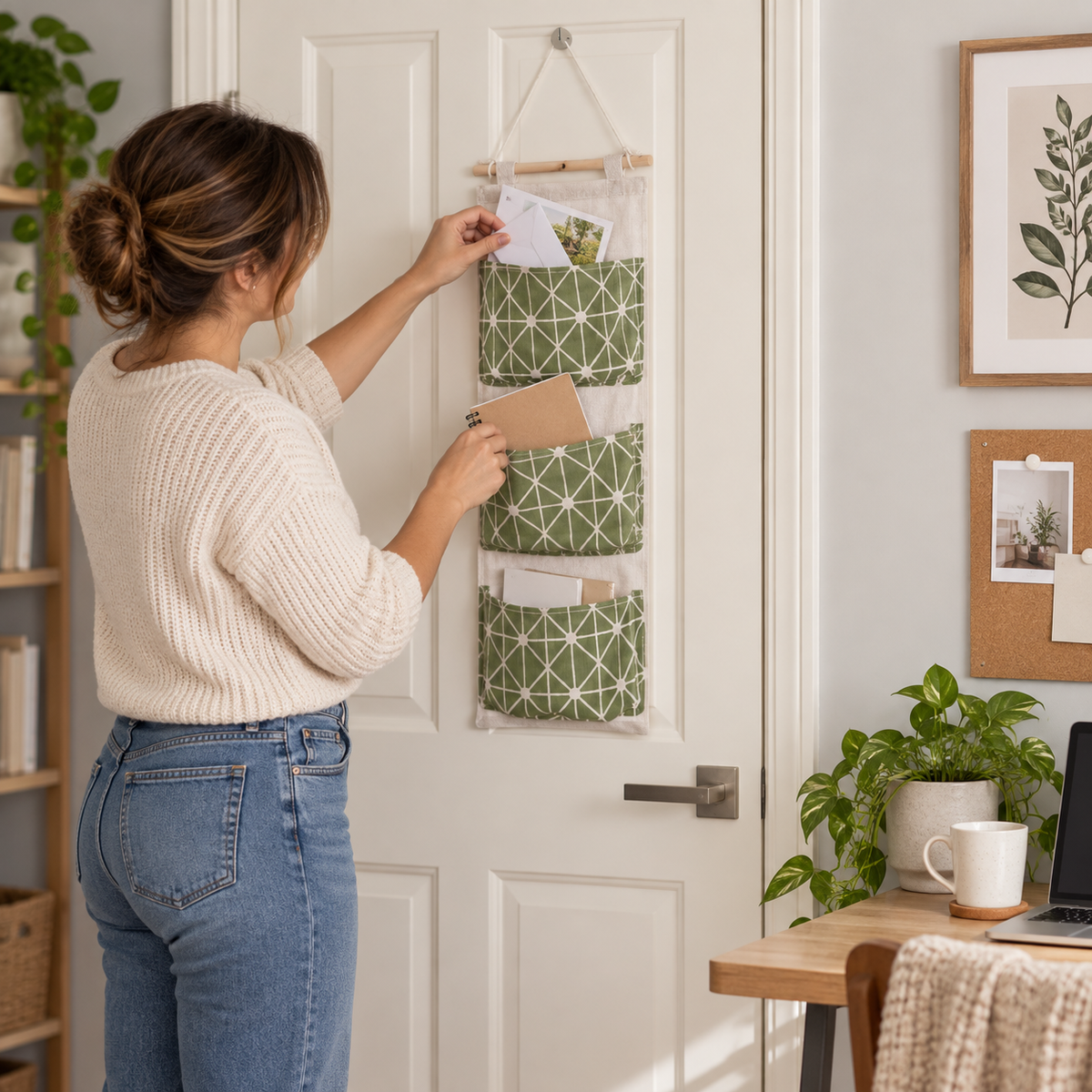 PocketHaven three-pocket hanging organizer in realistic household use