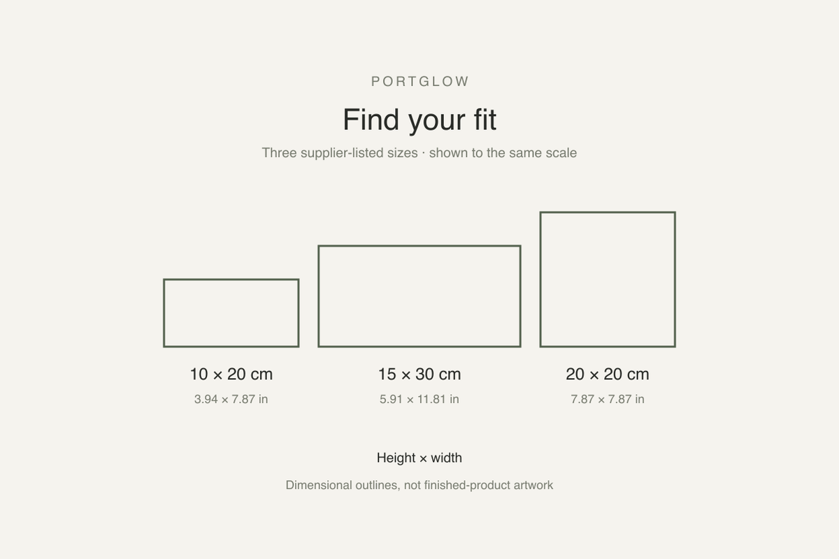 PortGlow supplier-listed sizes shown to the same scale: height x width 10 x 20, 15 x 30, and 20 x 20 cm. Dimensional outlines only.
