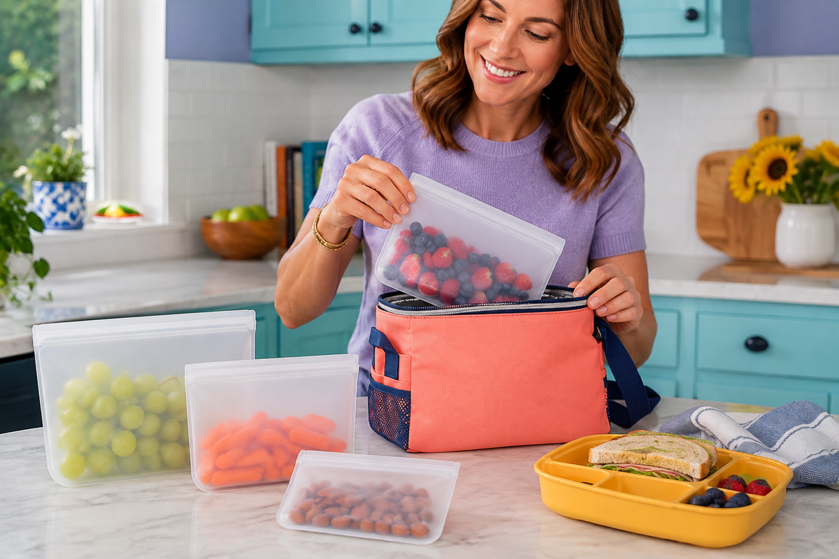 Packing a PortionKeep berry bag into a coral lunch bag