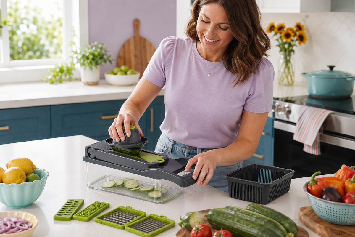 PrepGrid slicer used with its included hand guard to slice cucumber