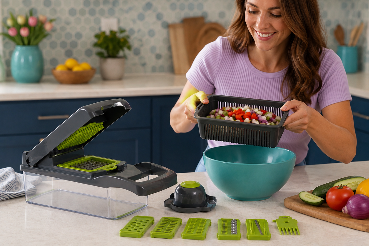 Adult lifts the PrepGrid drain basket of vegetables above a salad bowl