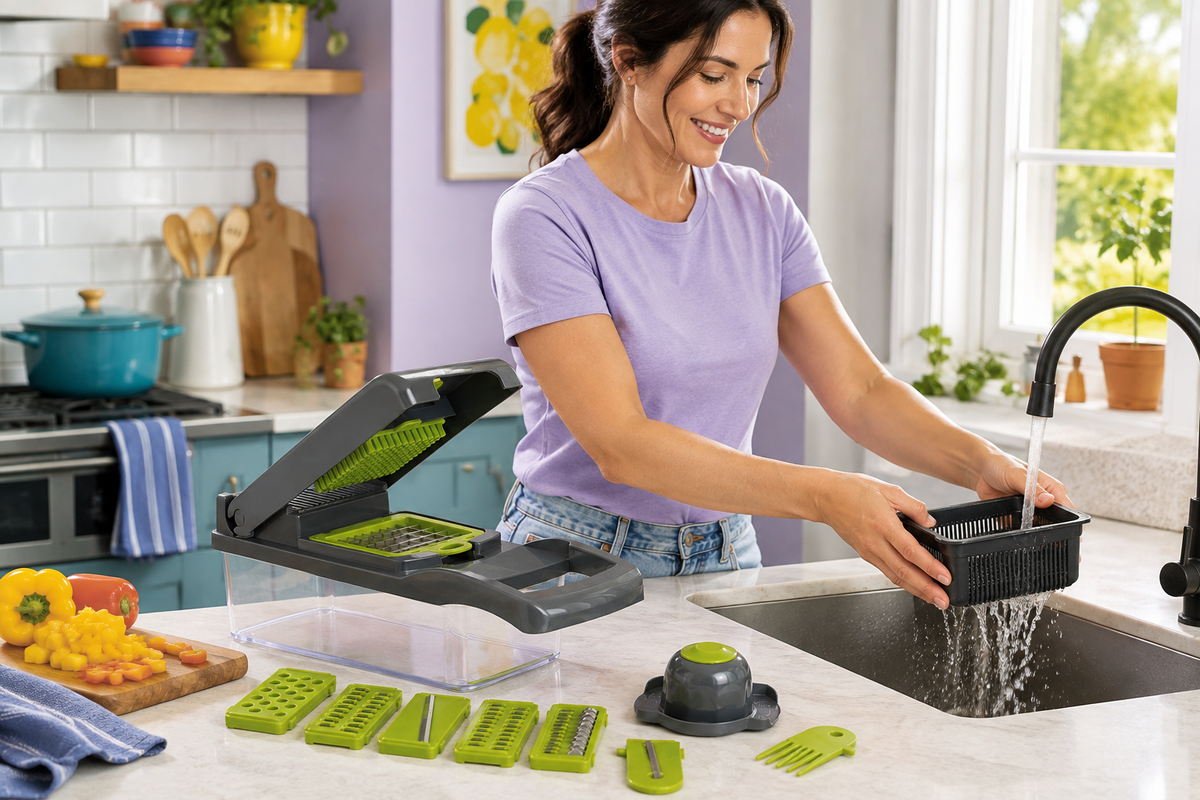 Adult rinses the removable PrepGrid basket after preparing vegetables