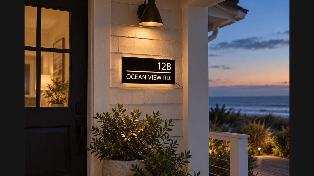 Six illustrative PortGlow address-sign scenes with corrected mounting and legible addresses.