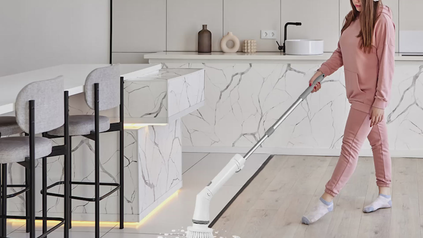 CleanReach cordless scrubber reach, speed and household surface demonstration