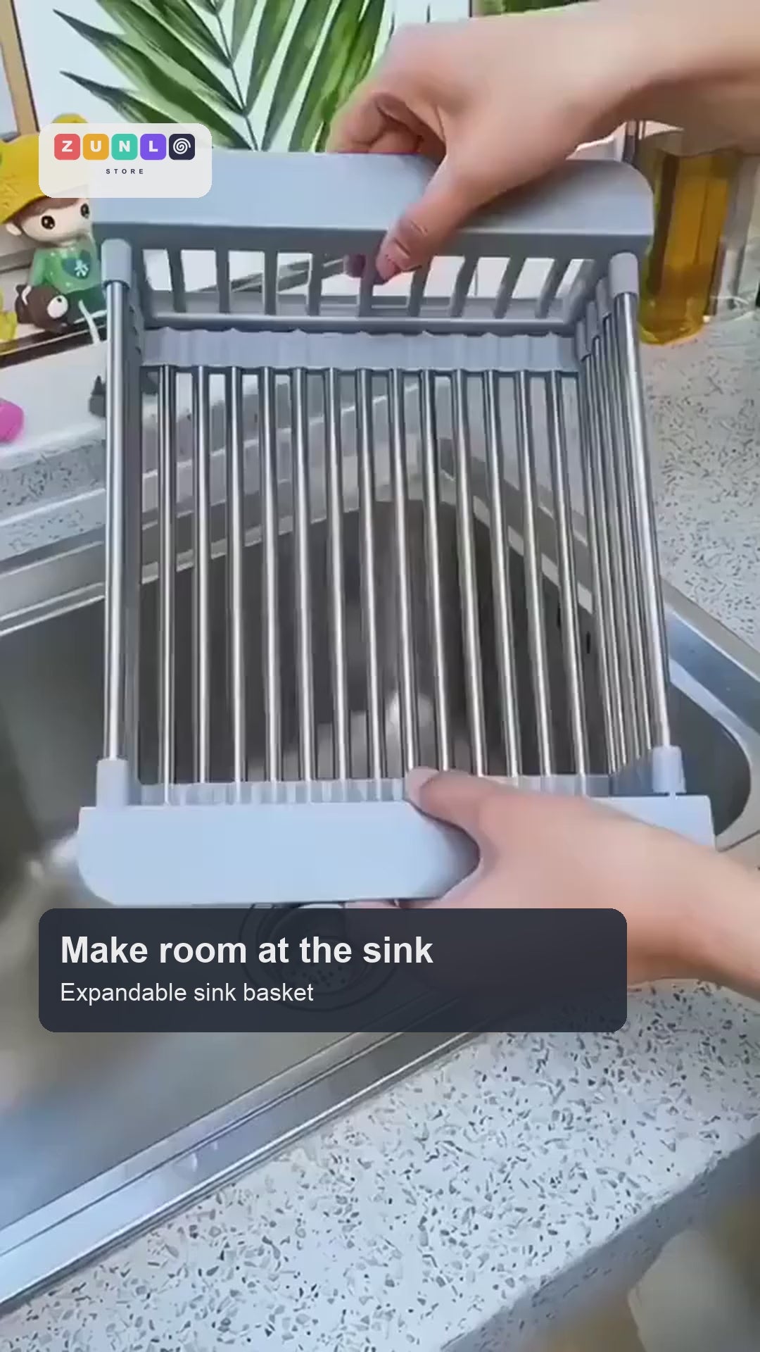 SinkSpan expandable sink basket demonstration with Zunlo branding and Skyline music