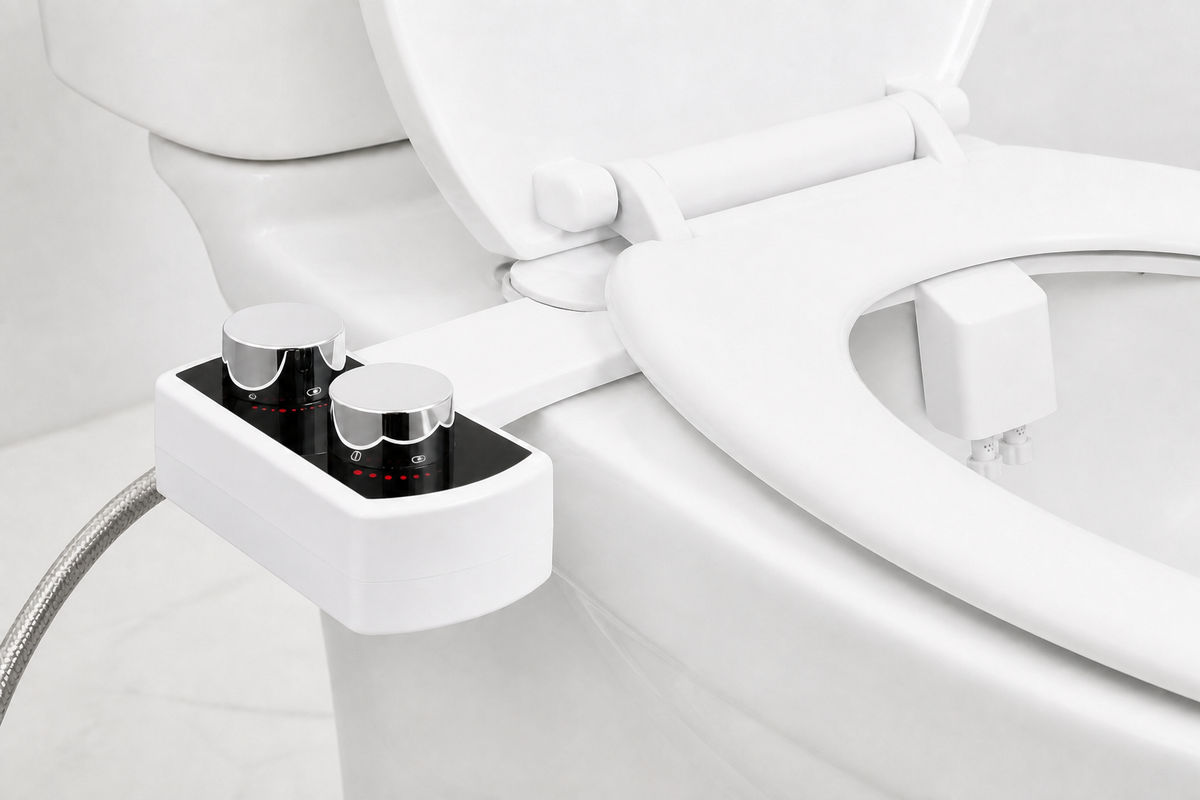 PureWash two chrome wash-control knobs and retractable dual nozzle housing