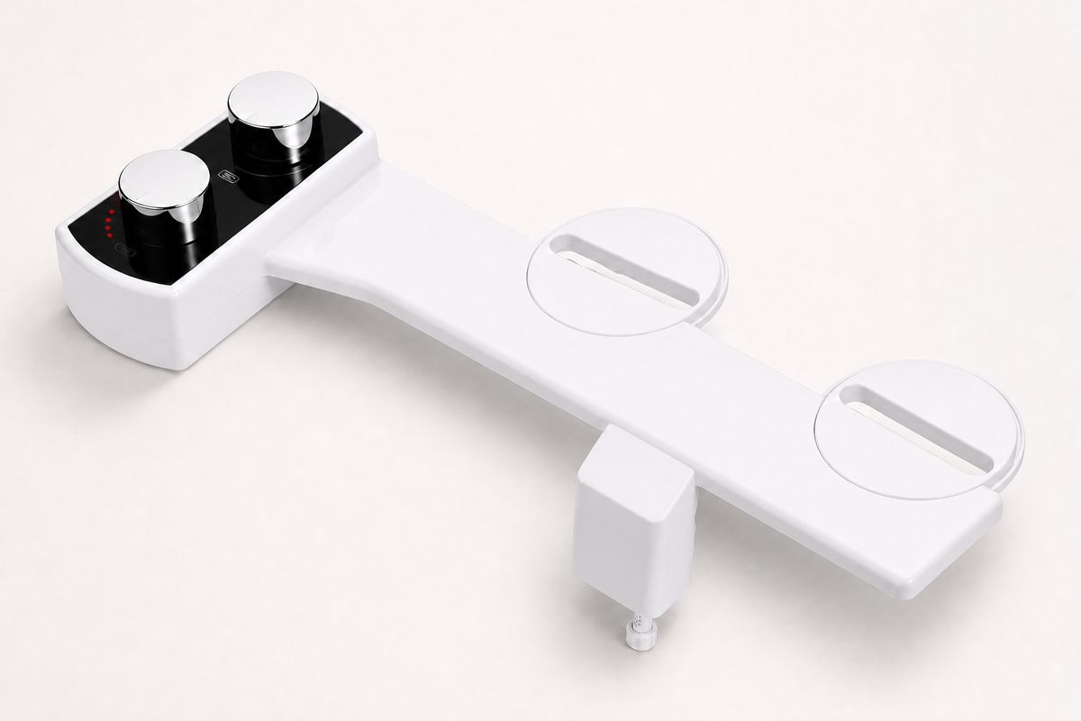 PureWash white non-electric bidet attachment with dual chrome controls
