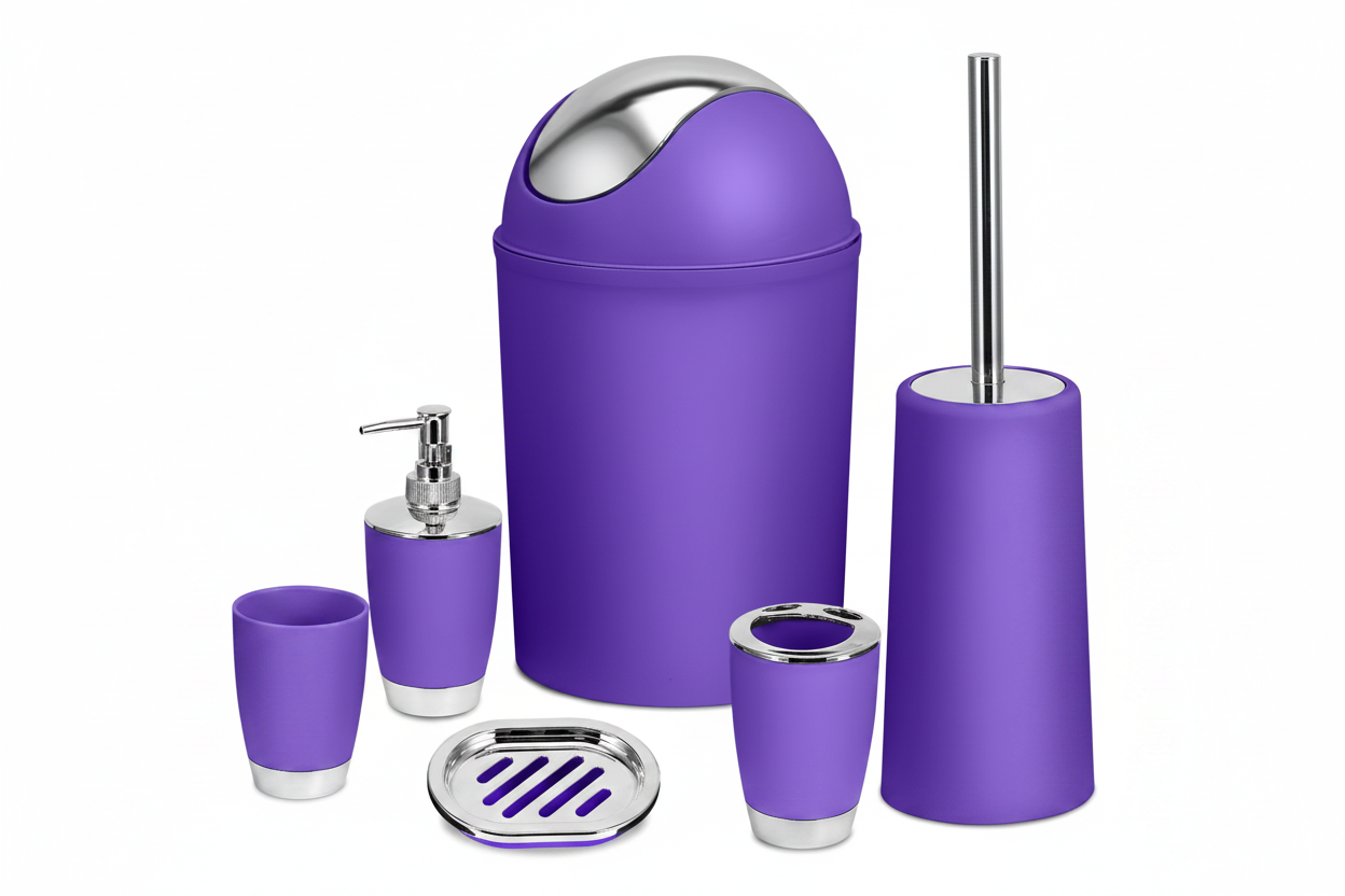 Suite six-piece bathroom set in purple — waste bin, toilet brush, soap dispenser, tumbler, toothbrush holder and soap dish