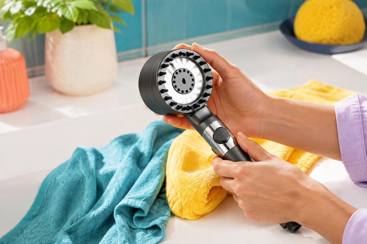 Hands examining the RinseArc showerhead spray face