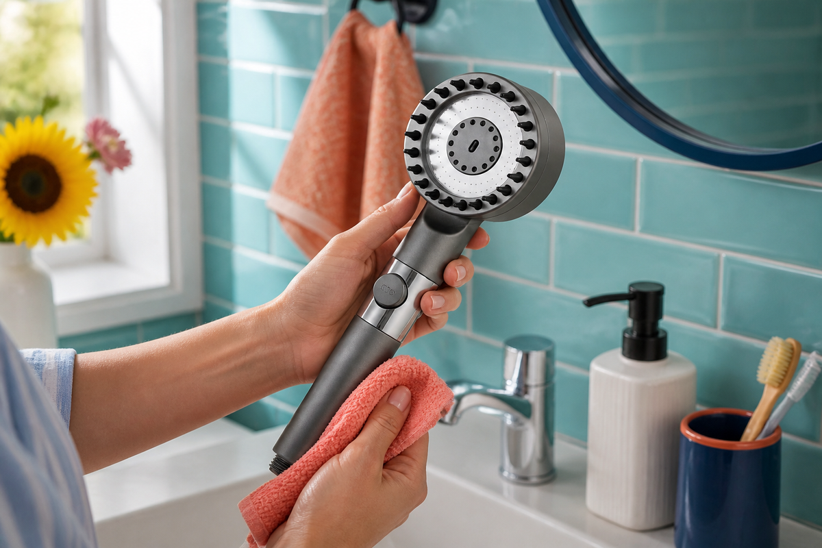 Wiping the RinseArc showerhead with a coral cloth