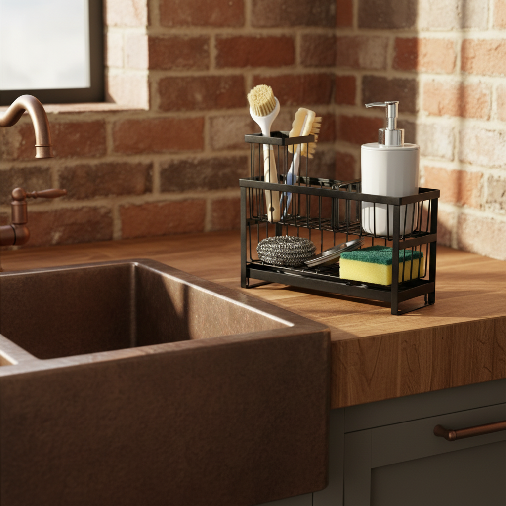 Cascade sink caddy on a butcher-block counter beside a copper sink
