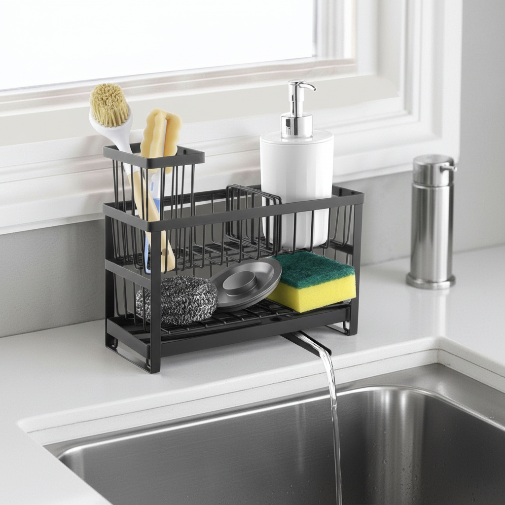 Cascade sink caddy with sponge, scourer and soap pump beside a stainless sink, draining into the basin