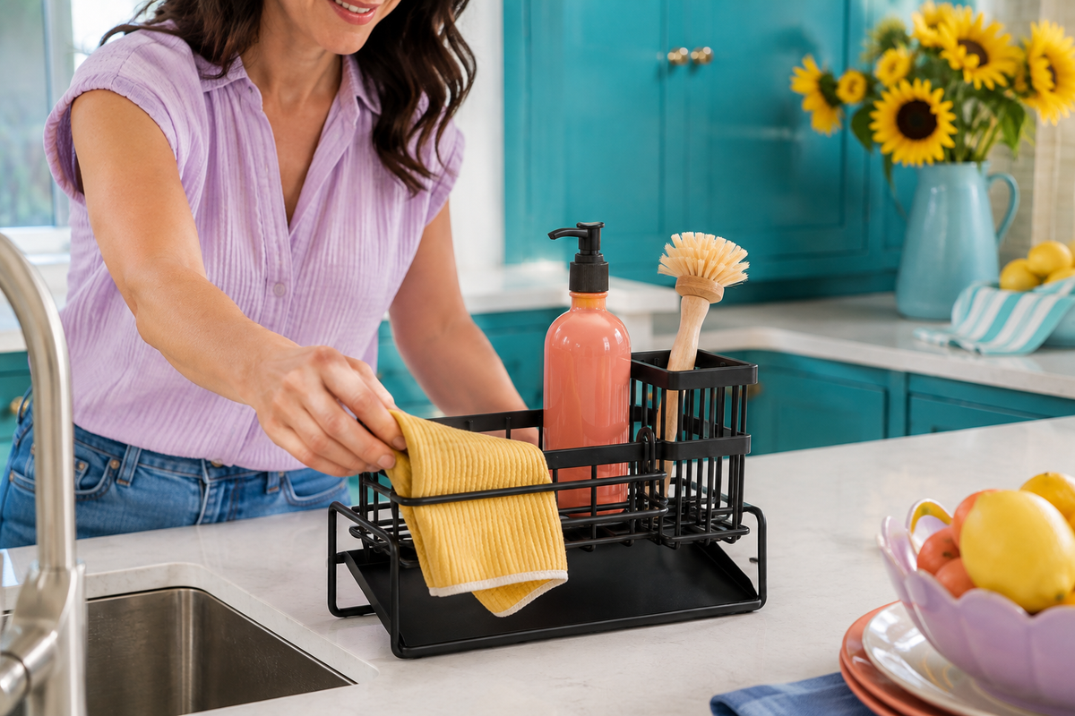 Hanging a yellow dishcloth on ShoreLine's front rail