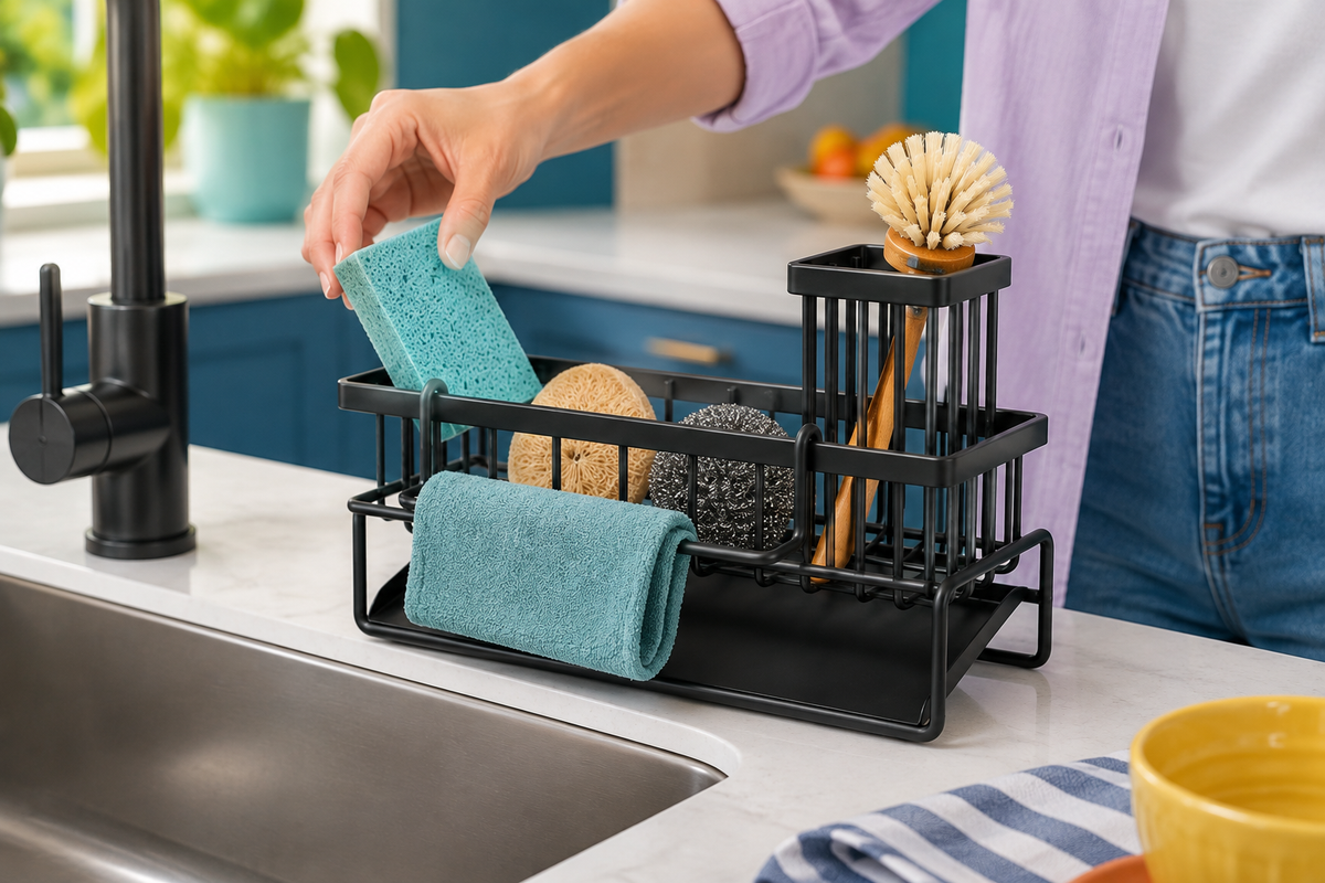 Reaching for a sponge in the ShoreLine caddy