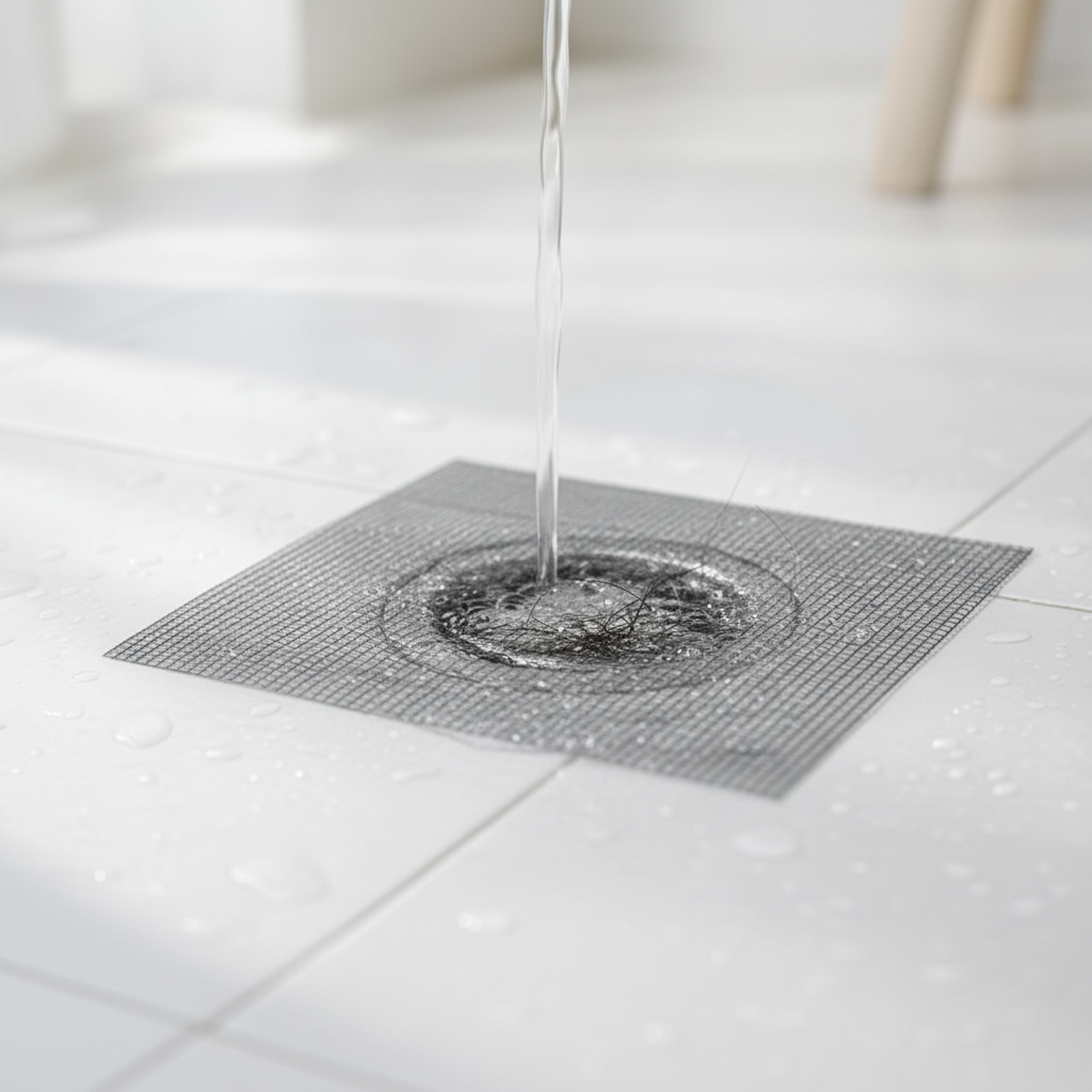 MeshGuard mesh covering a tiled shower floor drain