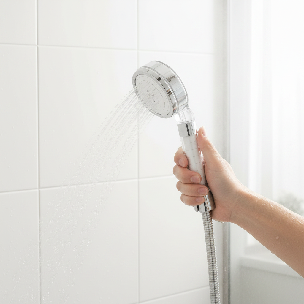 PureRain showerhead in side profile, showing the clear filter chamber in the handle